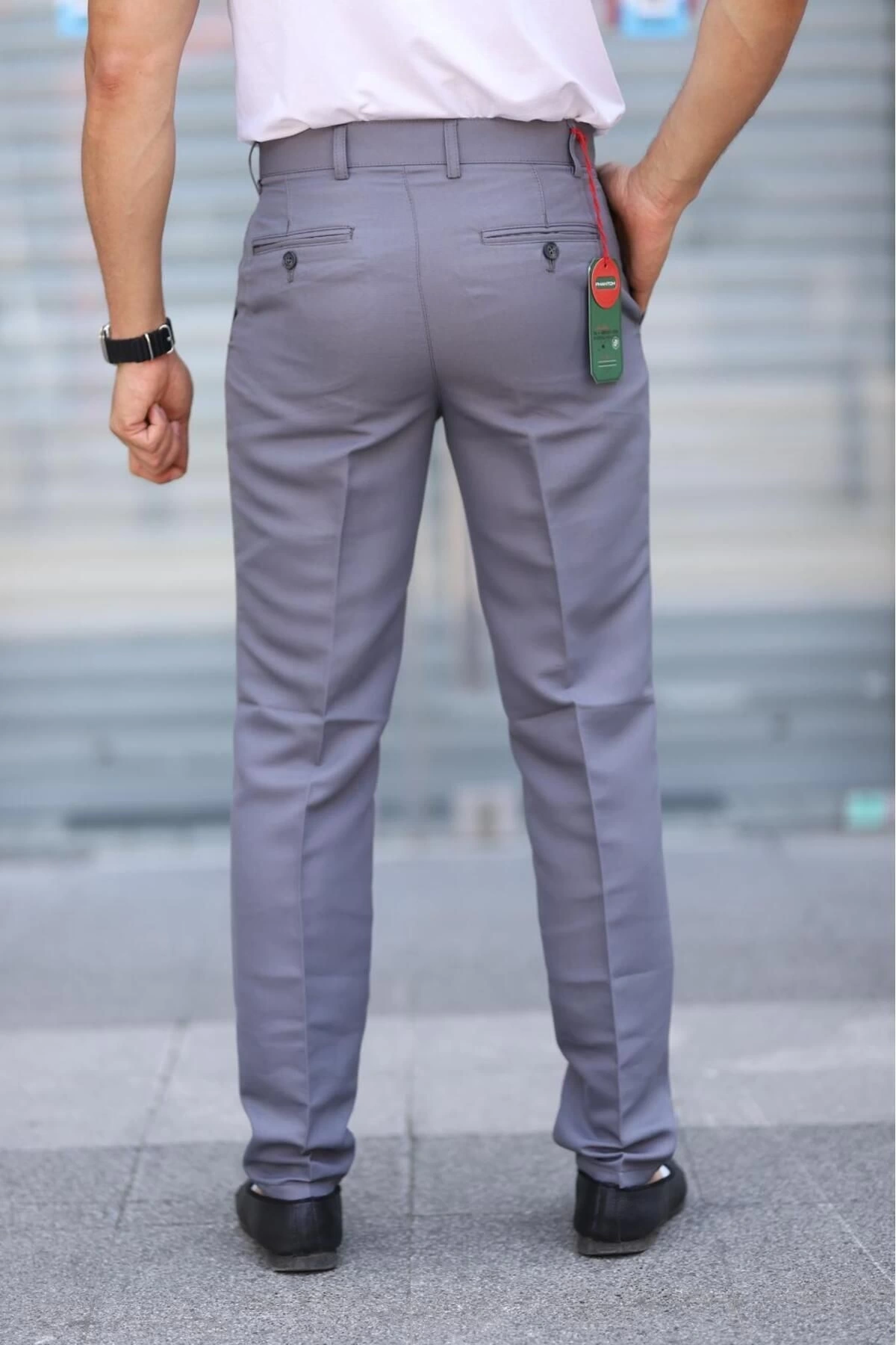 Klasik Kesim Açık Gri Mevsimlik Yan Cepli Keten Poliviskon Kumaş Baba Pantolonu Kumaş Pantolon