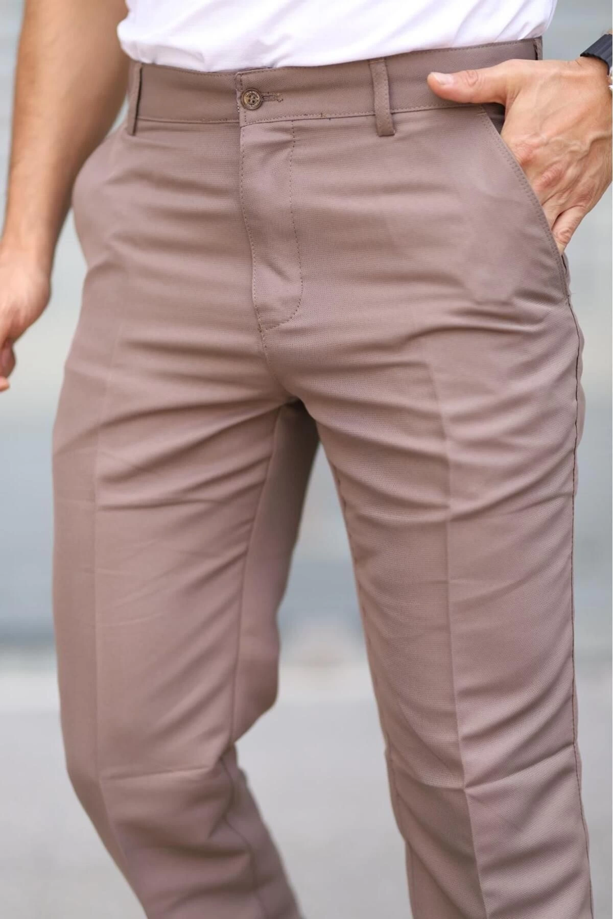 Klasik Kesim Sütlü Kahve Mevsimlik Yan Cepli Keten Poliviskon Kumaş Baba Pantolonu Kumaş Pantolon