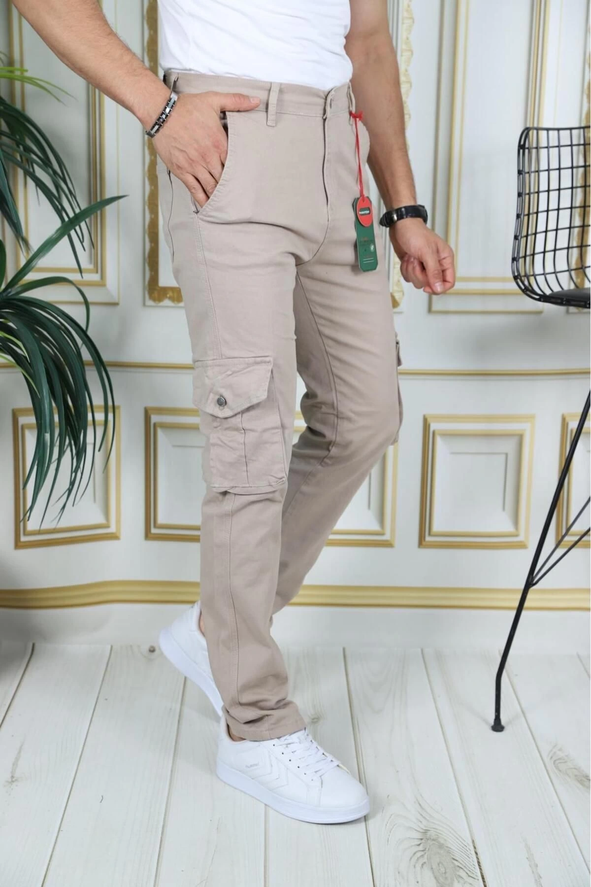 Erkek Bej Likralı Kargo Pantolon Esnek Gabardin/Kanvas Körüklü Cep Komando Kargo Cep Şık Pantolon