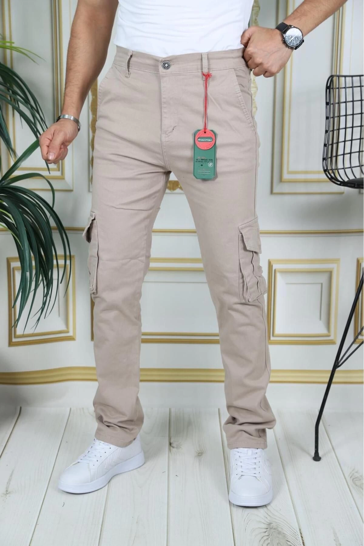 Erkek Bej Likralı Kargo Pantolon Esnek Gabardin/Kanvas Körüklü Cep Komando Kargo Cep Şık Pantolon