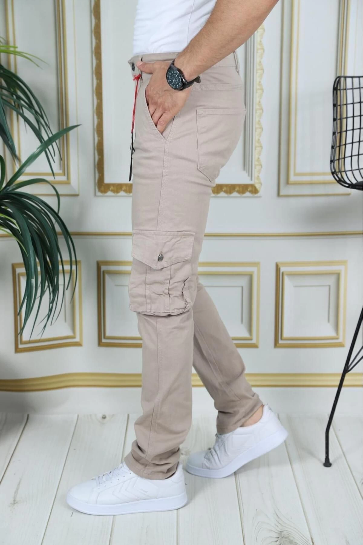 Erkek Bej Likralı Kargo Pantolon Esnek Gabardin/Kanvas Körüklü Cep Komando Kargo Cep Şık Pantolon