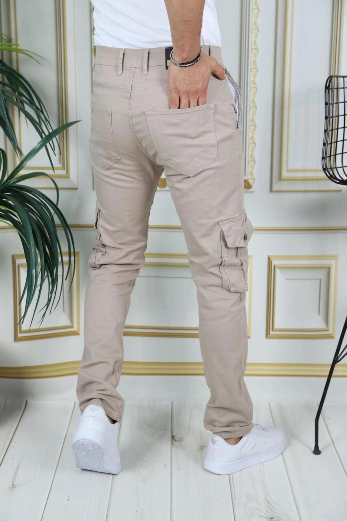Erkek Bej Likralı Kargo Pantolon Esnek Gabardin/Kanvas Körüklü Cep Komando Kargo Cep Şık Pantolon