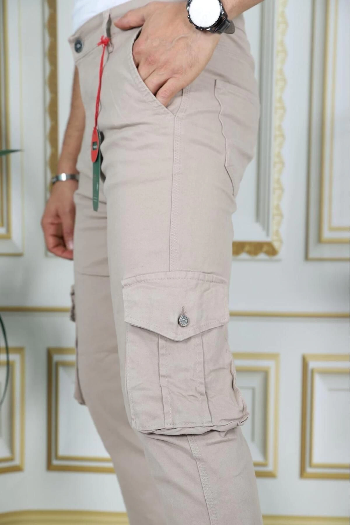 Erkek Bej Likralı Kargo Pantolon Esnek Gabardin/Kanvas Körüklü Cep Komando Kargo Cep Şık Pantolon