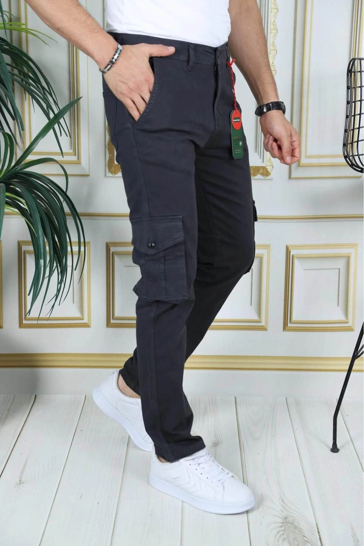 Erkek Füme Likralı Kargo Pantolon Esnek Gabardin/Kanvas Körüklü Cep Komando Kargo Cep Şık Pantolon