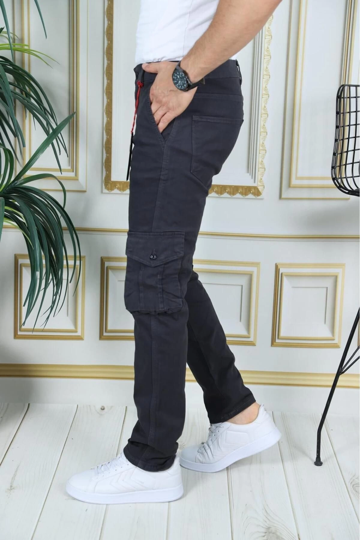 Erkek Füme Likralı Kargo Pantolon Esnek Gabardin/Kanvas Körüklü Cep Komando Kargo Cep Şık Pantolon