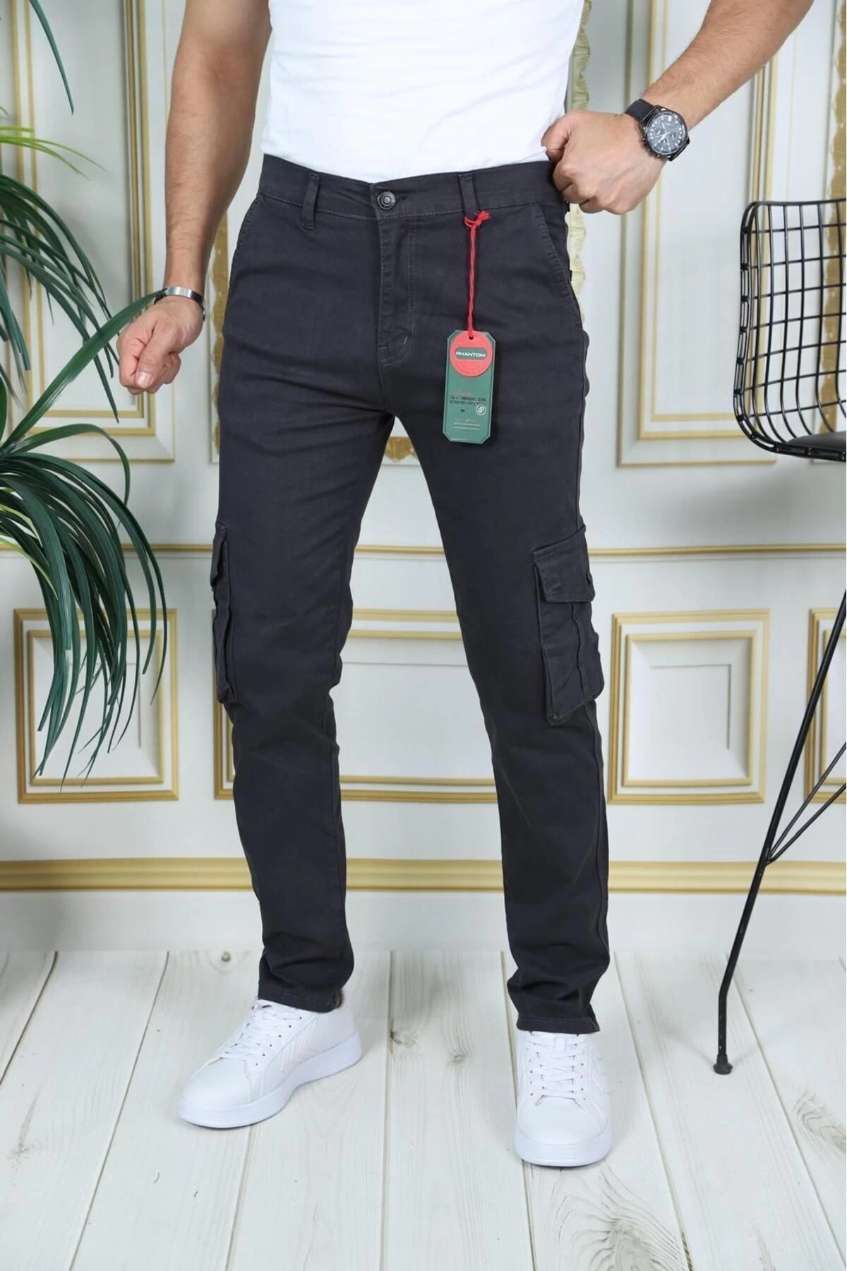 Erkek Füme Likralı Kargo Pantolon Esnek Gabardin/Kanvas Körüklü Cep Komando Kargo Cep Şık Pantolon