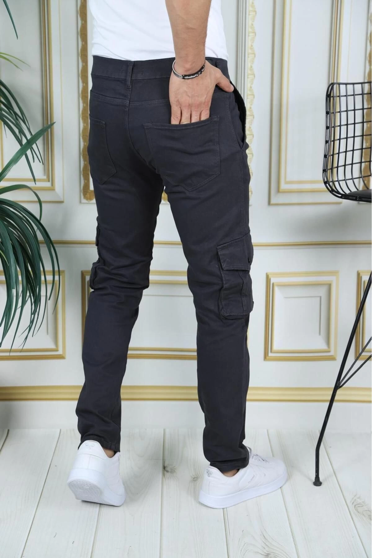 Erkek Füme Likralı Kargo Pantolon Esnek Gabardin/Kanvas Körüklü Cep Komando Kargo Cep Şık Pantolon