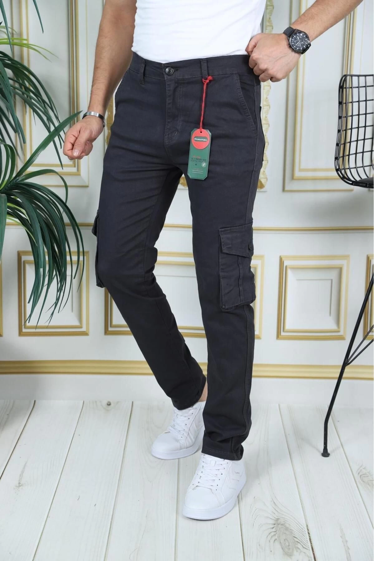 Erkek Füme Likralı Kargo Pantolon Esnek Gabardin/Kanvas Körüklü Cep Komando Kargo Cep Şık Pantolon