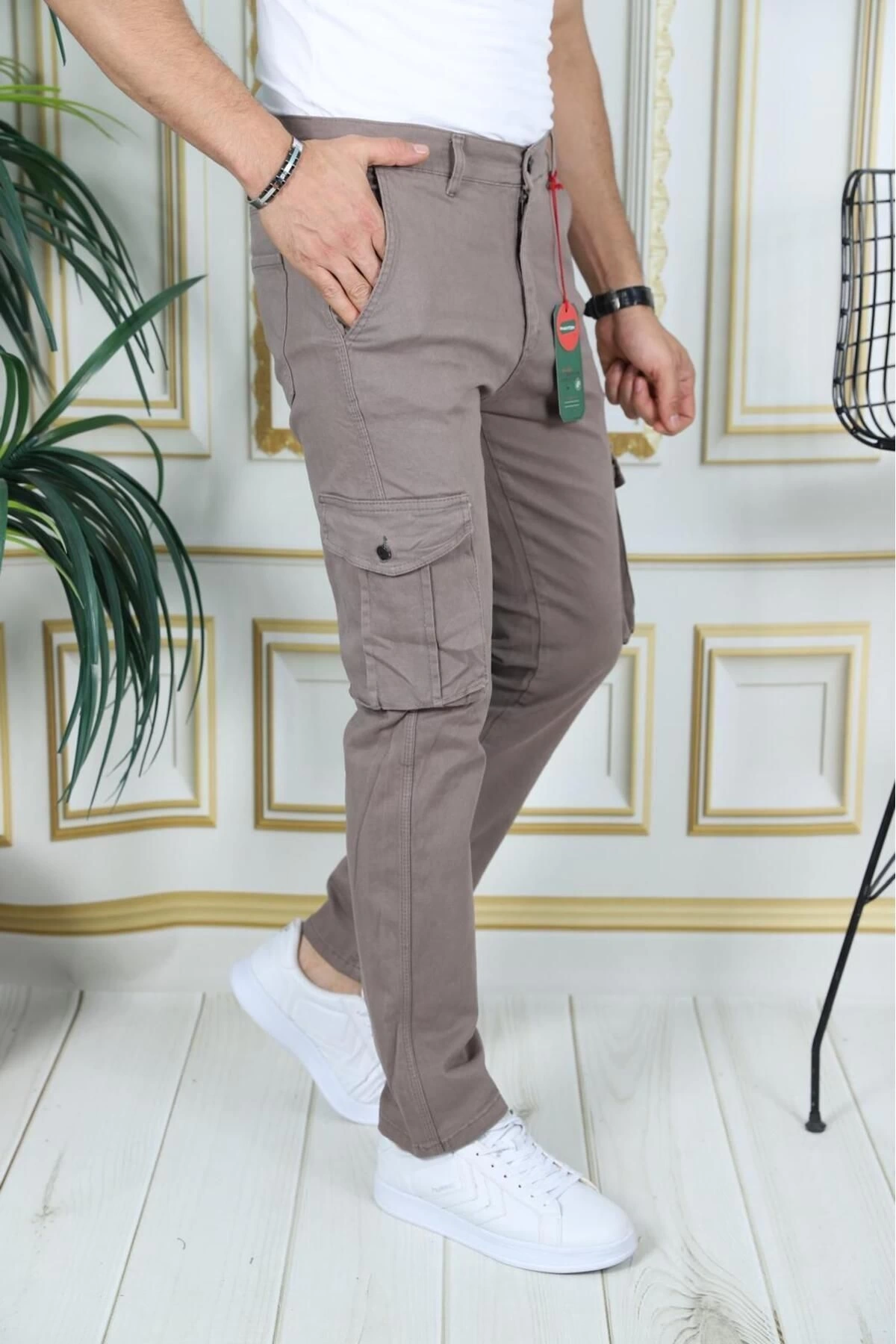 Erkek Kahve Likralı Kargo Pantolon Esnek Gabardin/Kanvas Körüklü Cep Komando Kargo Cep Şık Pantolon