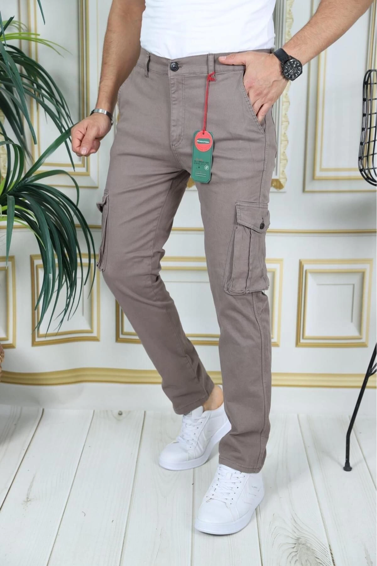 Erkek Kahve Likralı Kargo Pantolon Esnek Gabardin/Kanvas Körüklü Cep Komando Kargo Cep Şık Pantolon