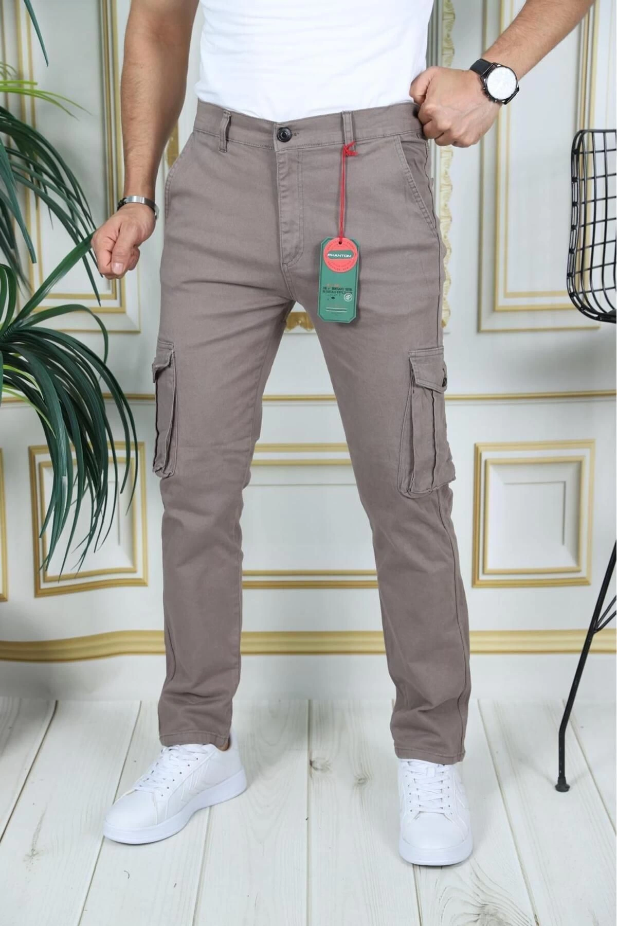 Erkek Kahve Likralı Kargo Pantolon Esnek Gabardin/Kanvas Körüklü Cep Komando Kargo Cep Şık Pantolon