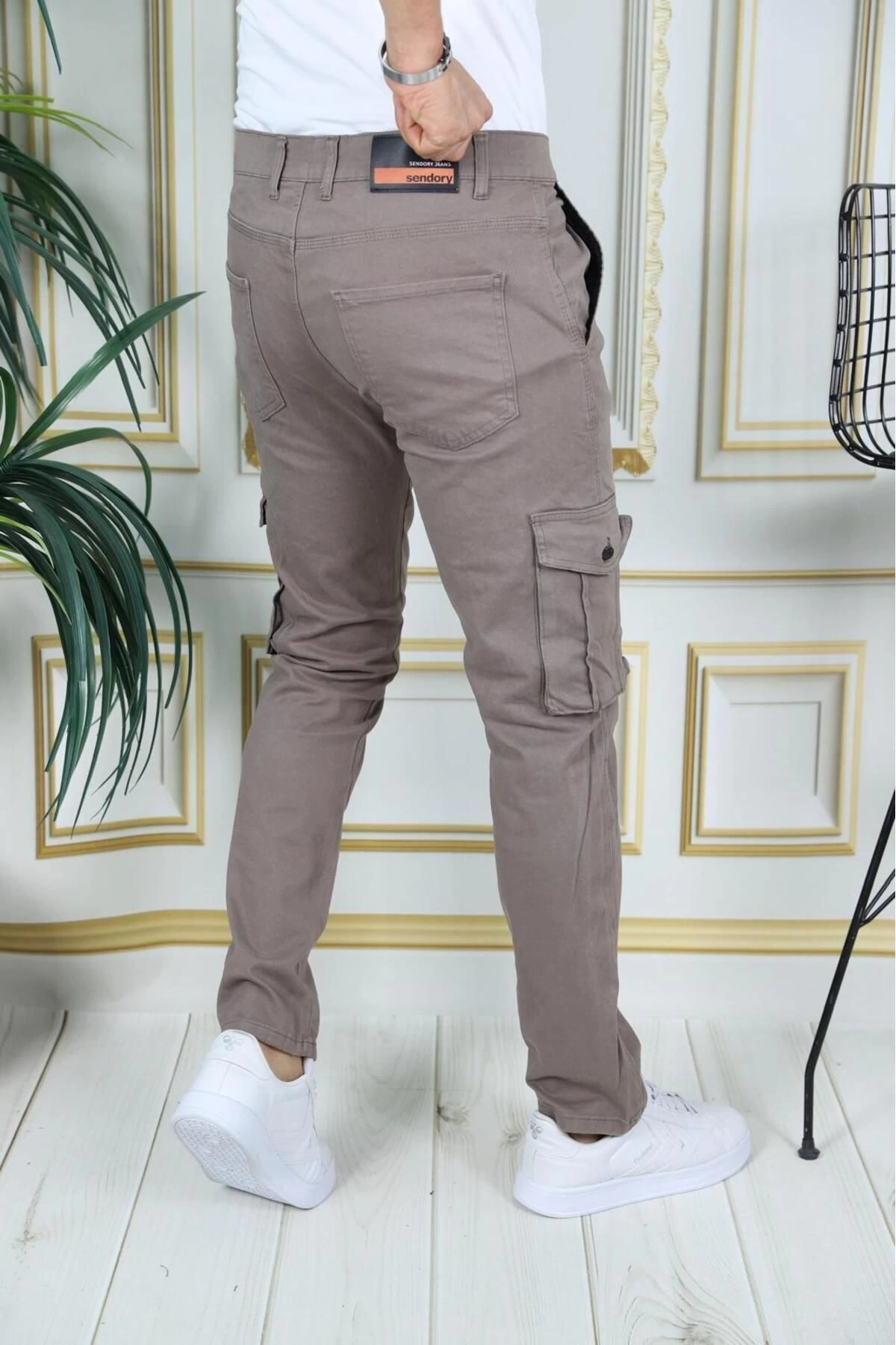 Erkek Kahve Likralı Kargo Pantolon Esnek Gabardin/Kanvas Körüklü Cep Komando Kargo Cep Şık Pantolon