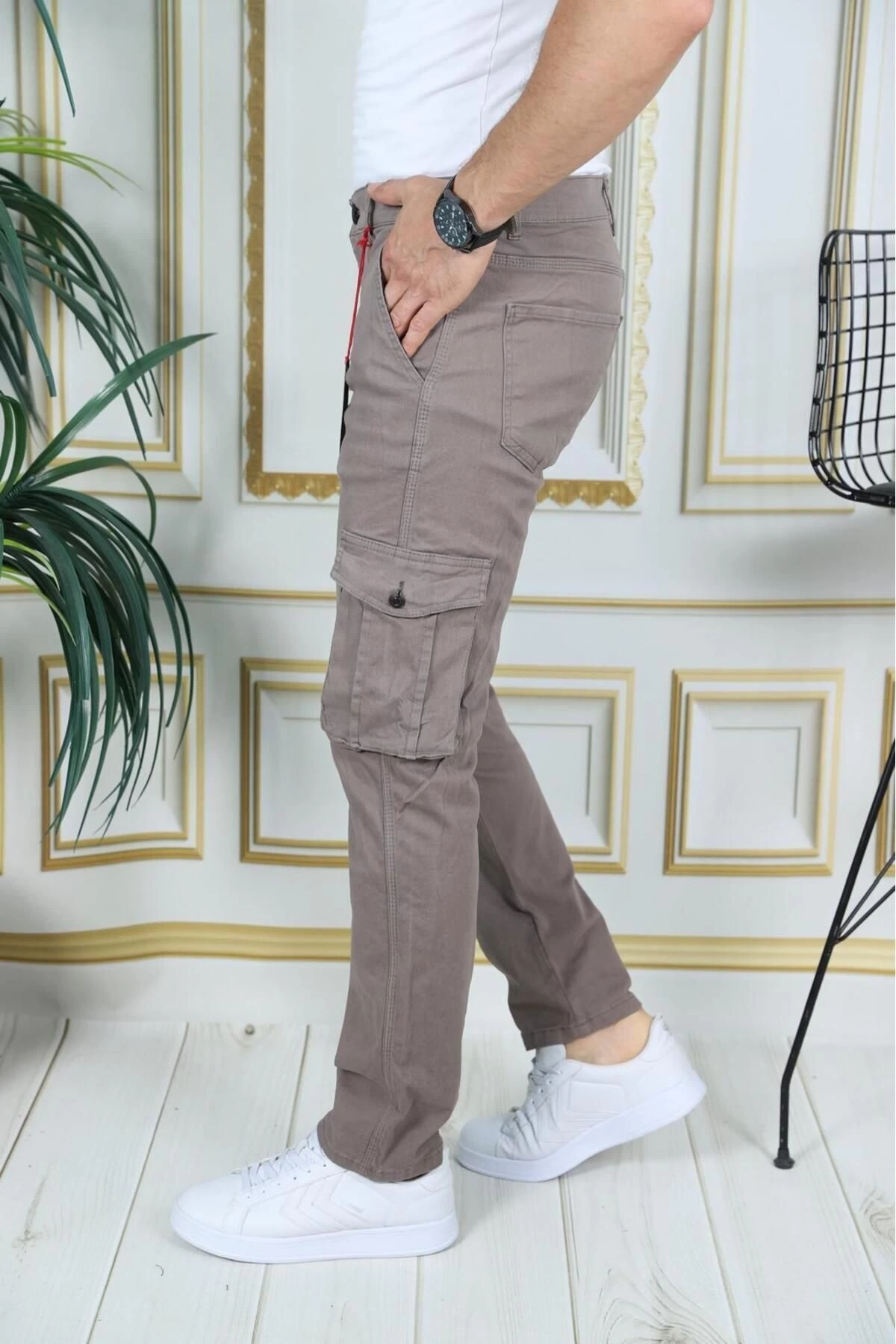 Erkek Kahve Likralı Kargo Pantolon Esnek Gabardin/Kanvas Körüklü Cep Komando Kargo Cep Şık Pantolon