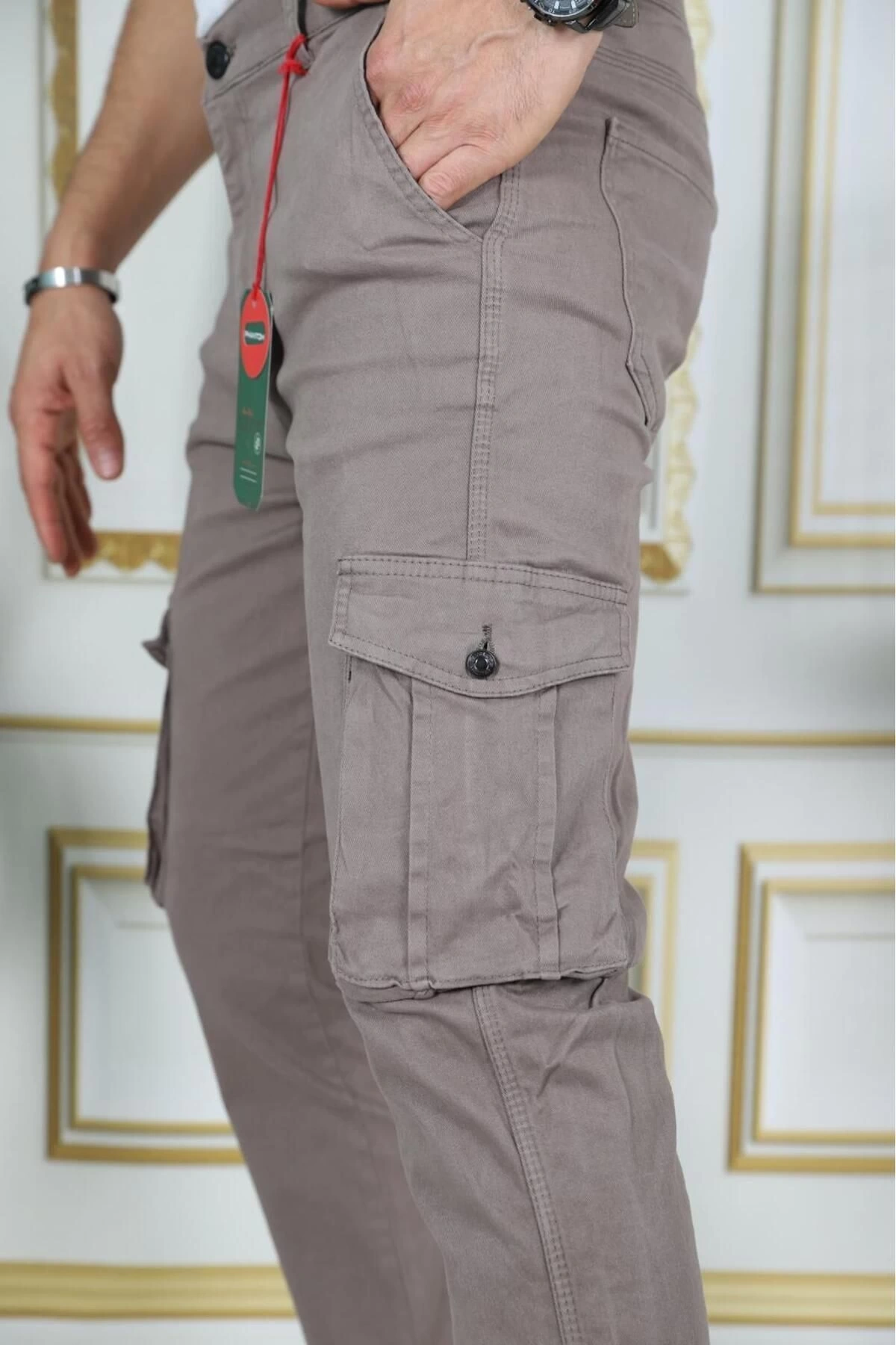 Erkek Kahve Likralı Kargo Pantolon Esnek Gabardin/Kanvas Körüklü Cep Komando Kargo Cep Şık Pantolon