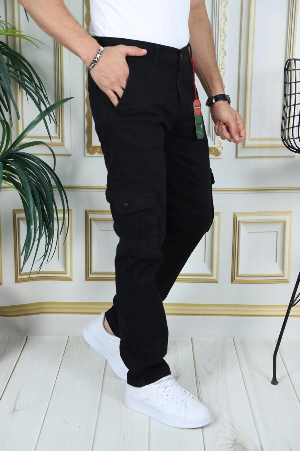 Erkek Siyah Likralı Kargo Pantolon Esnek Gabardin/Kanvas Körüklü Cep Komando Kargo Cep Şık Pantolon