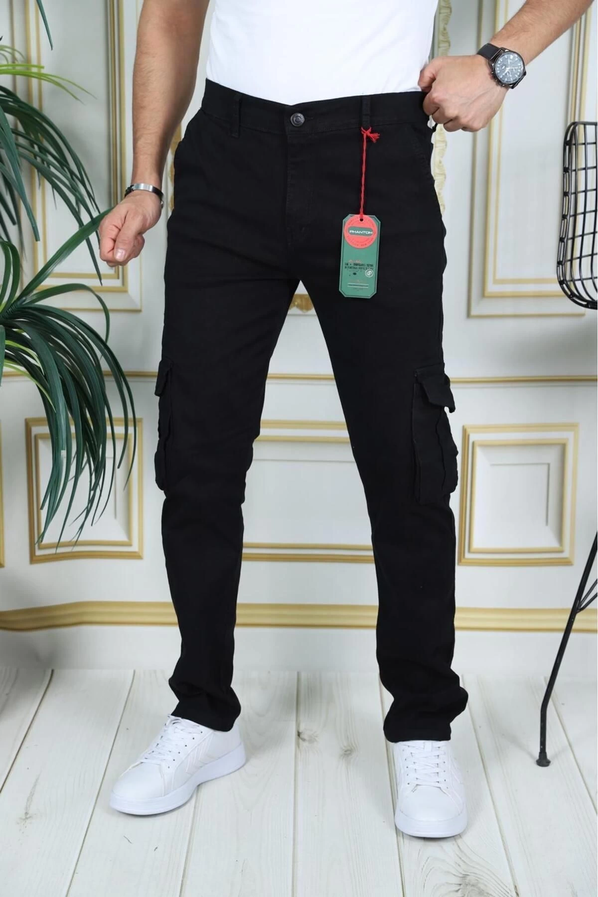 Erkek Siyah Likralı Kargo Pantolon Esnek Gabardin/Kanvas Körüklü Cep Komando Kargo Cep Şık Pantolon