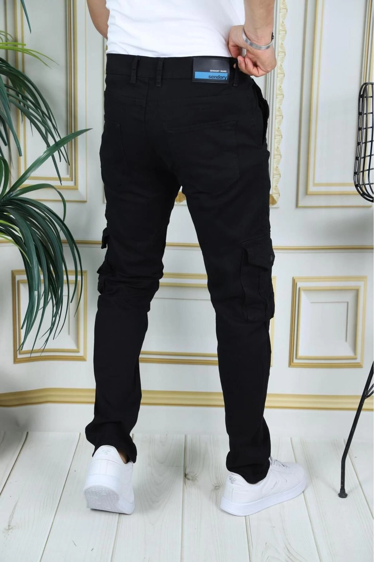 Erkek Siyah Likralı Kargo Pantolon Esnek Gabardin/Kanvas Körüklü Cep Komando Kargo Cep Şık Pantolon