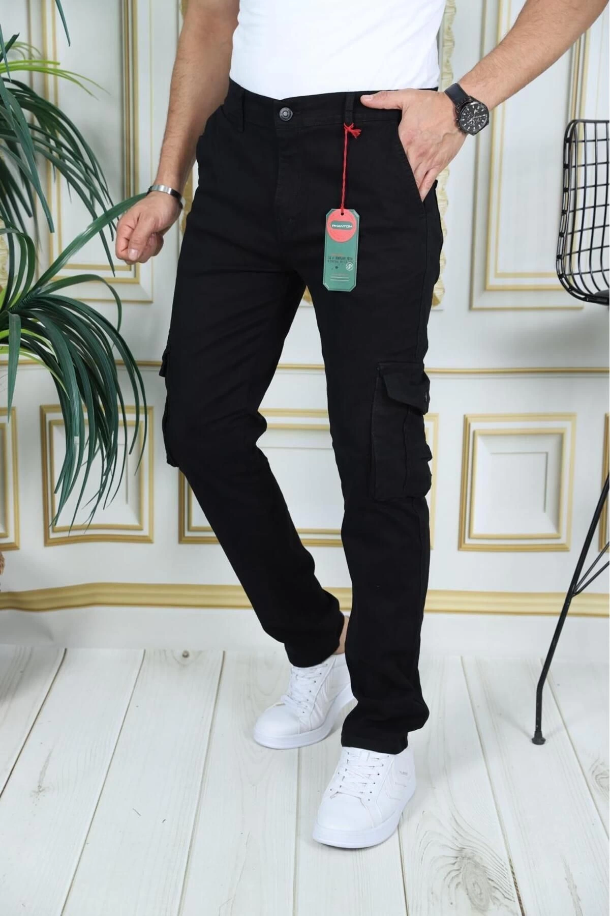 Erkek Siyah Likralı Kargo Pantolon Esnek Gabardin/Kanvas Körüklü Cep Komando Kargo Cep Şık Pantolon