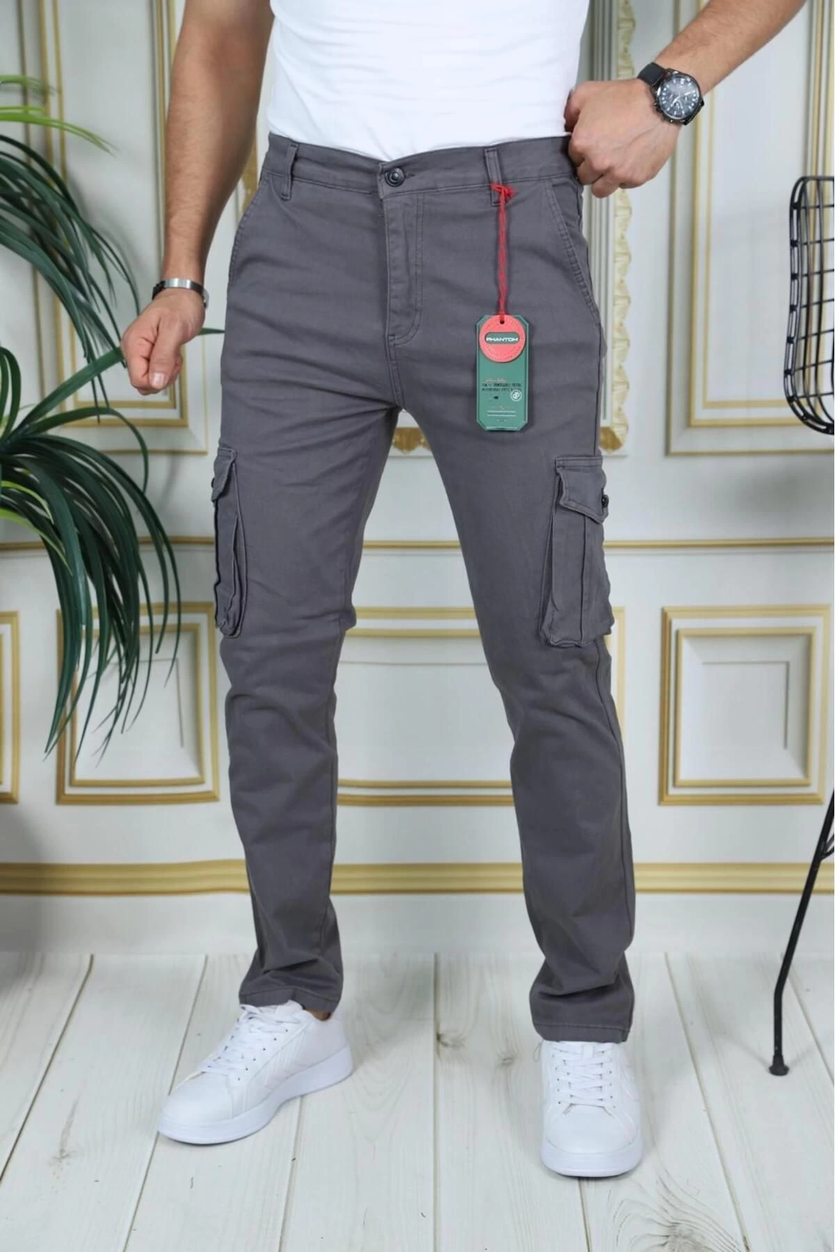 Erkek Gri Likralı Kargo Pantolon Esnek Gabardin/Kanvas Körüklü Cep Komando Kargo Cep Şık Pantolon