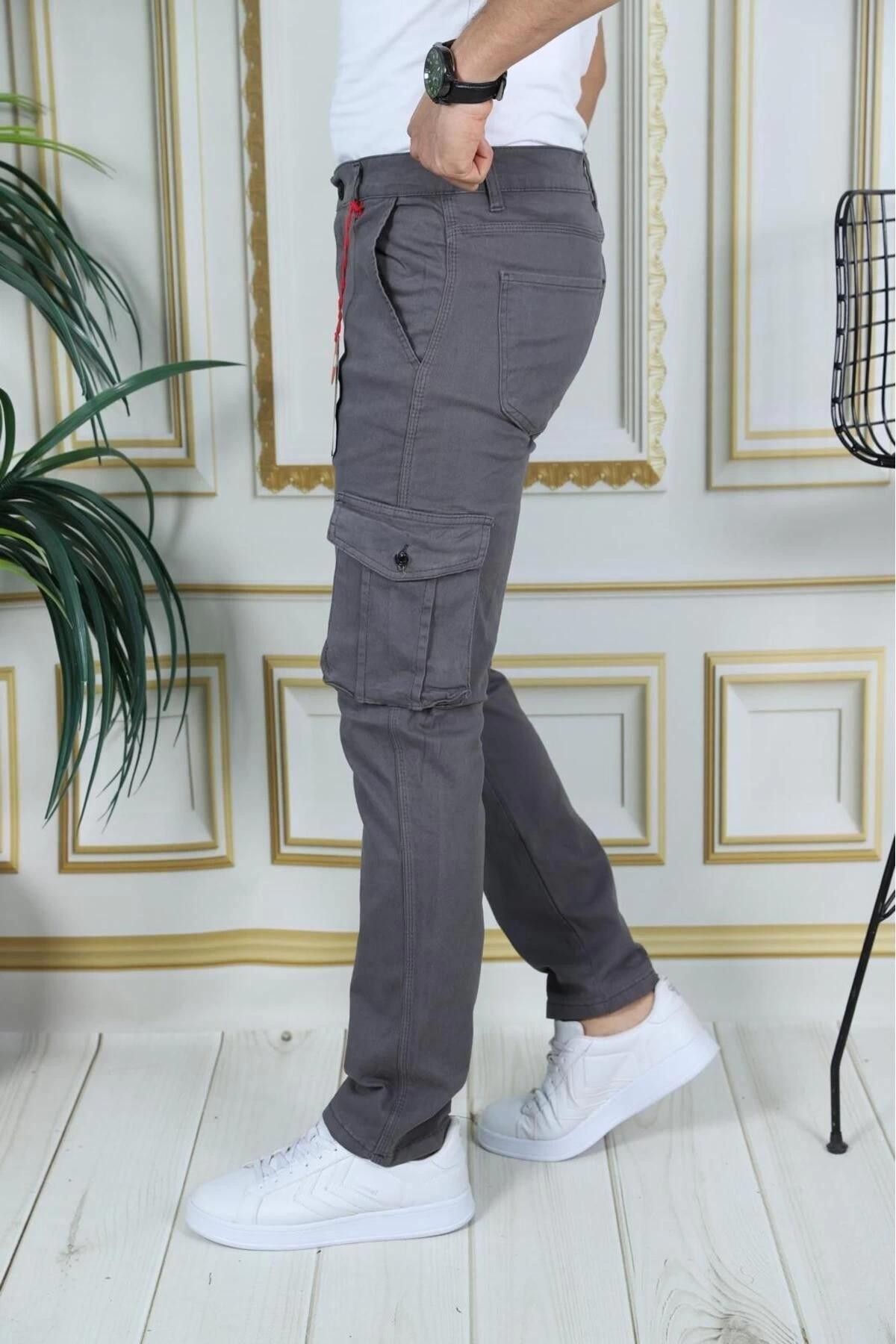 Erkek Gri Likralı Kargo Pantolon Esnek Gabardin/Kanvas Körüklü Cep Komando Kargo Cep Şık Pantolon