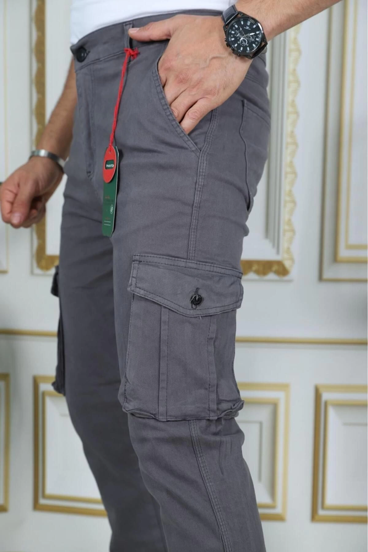 Erkek Gri Likralı Kargo Pantolon Esnek Gabardin/Kanvas Körüklü Cep Komando Kargo Cep Şık Pantolon