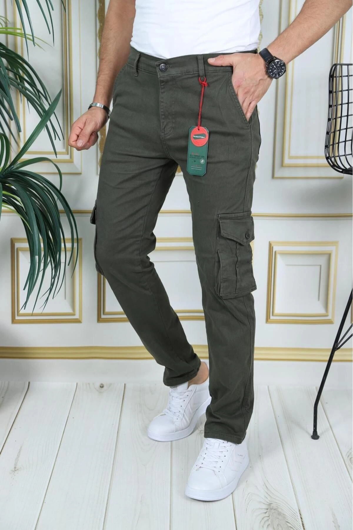 Erkek Haki Likralı Kargo Pantolon Esnek Gabardin/Kanvas Körüklü Cep Komando Kargo Cep Şık Pantolon
