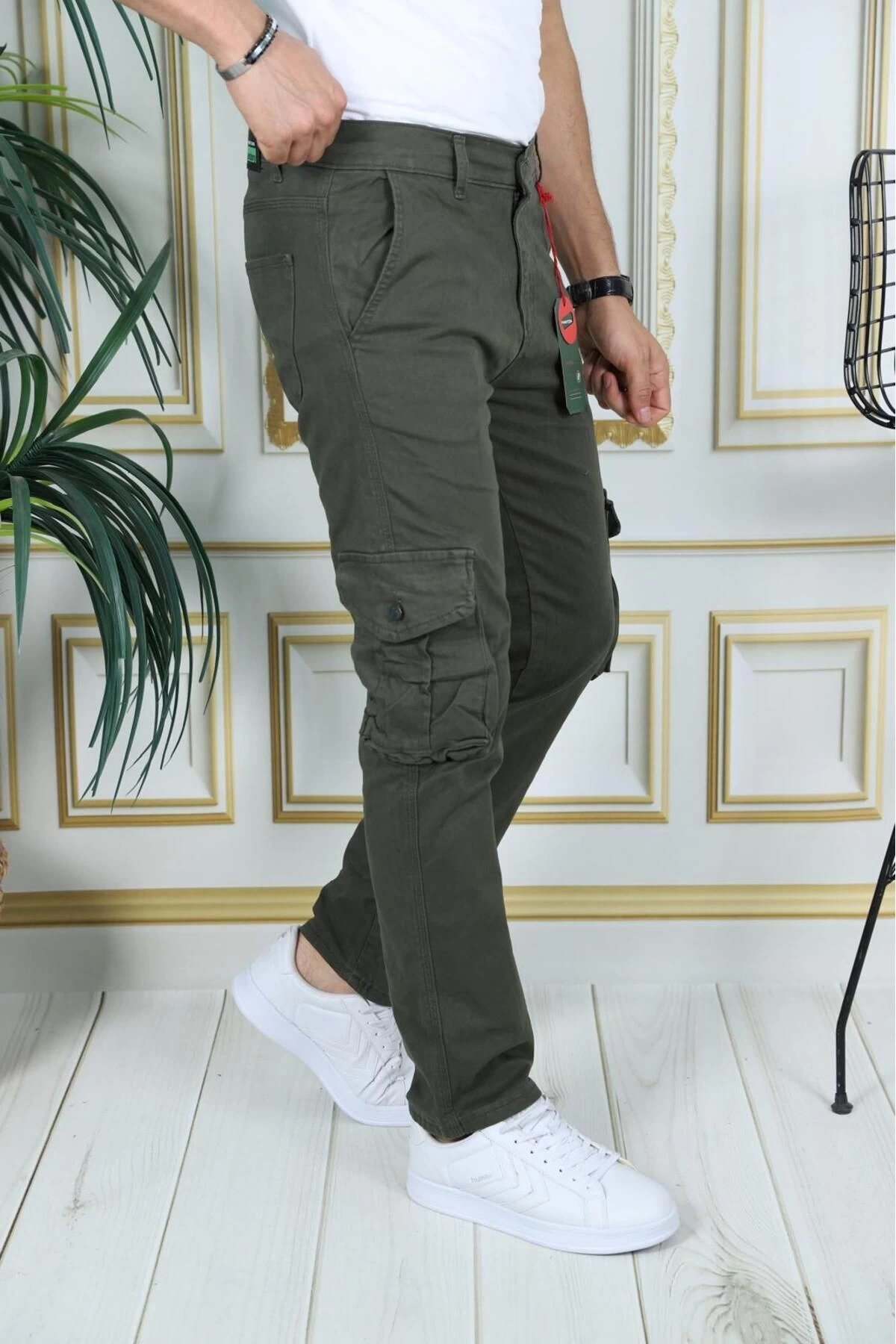 Erkek Haki Likralı Kargo Pantolon Esnek Gabardin/Kanvas Körüklü Cep Komando Kargo Cep Şık Pantolon