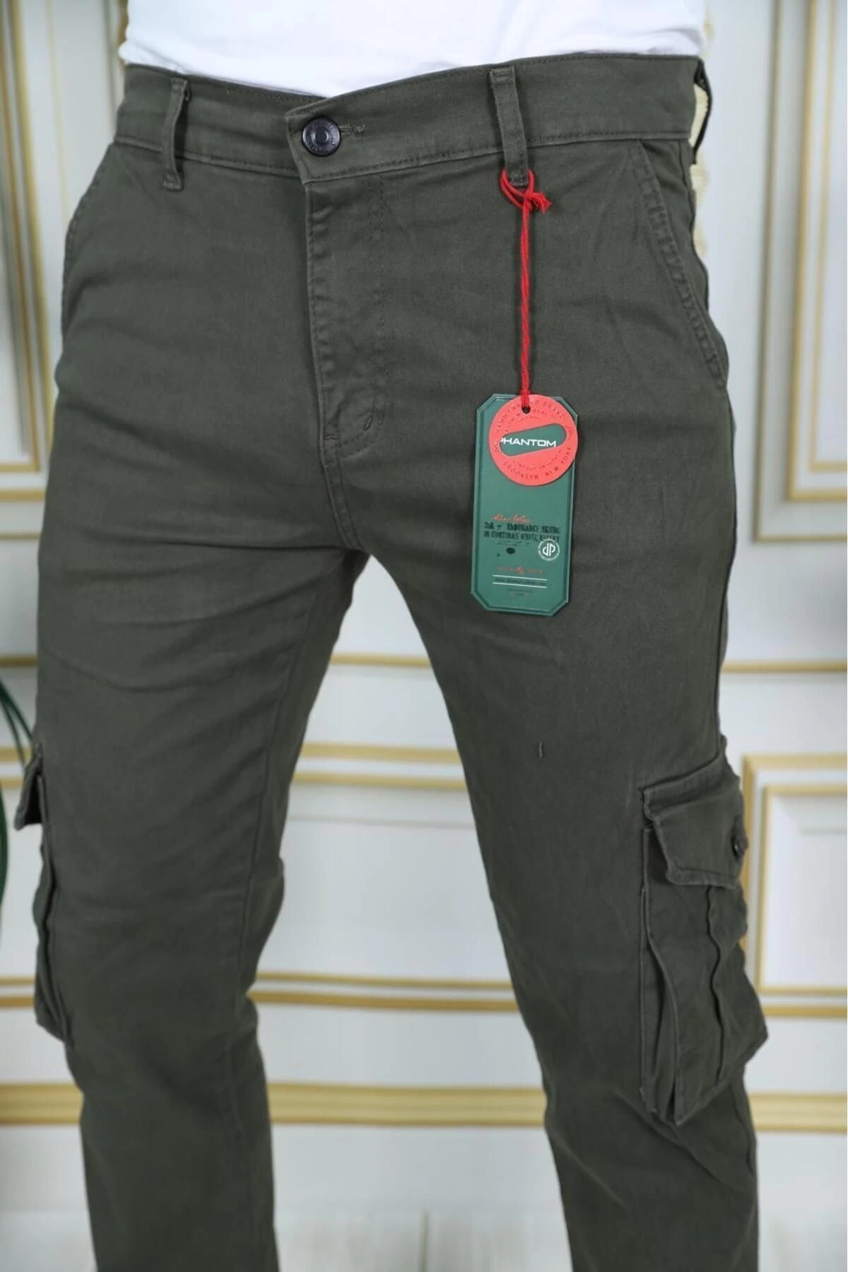 Erkek Haki Likralı Kargo Pantolon Esnek Gabardin/Kanvas Körüklü Cep Komando Kargo Cep Şık Pantolon