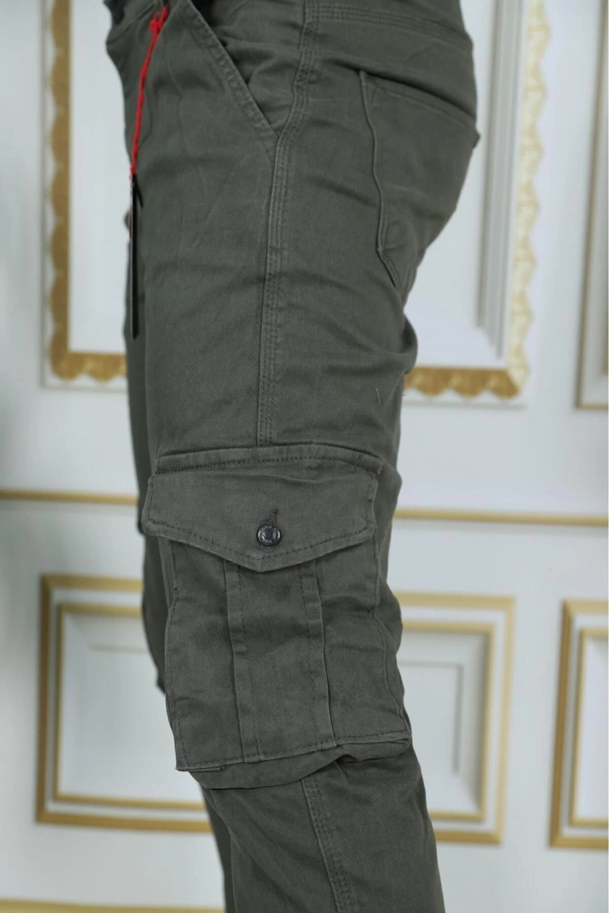 Erkek Haki Likralı Kargo Pantolon Esnek Gabardin/Kanvas Körüklü Cep Komando Kargo Cep Şık Pantolon