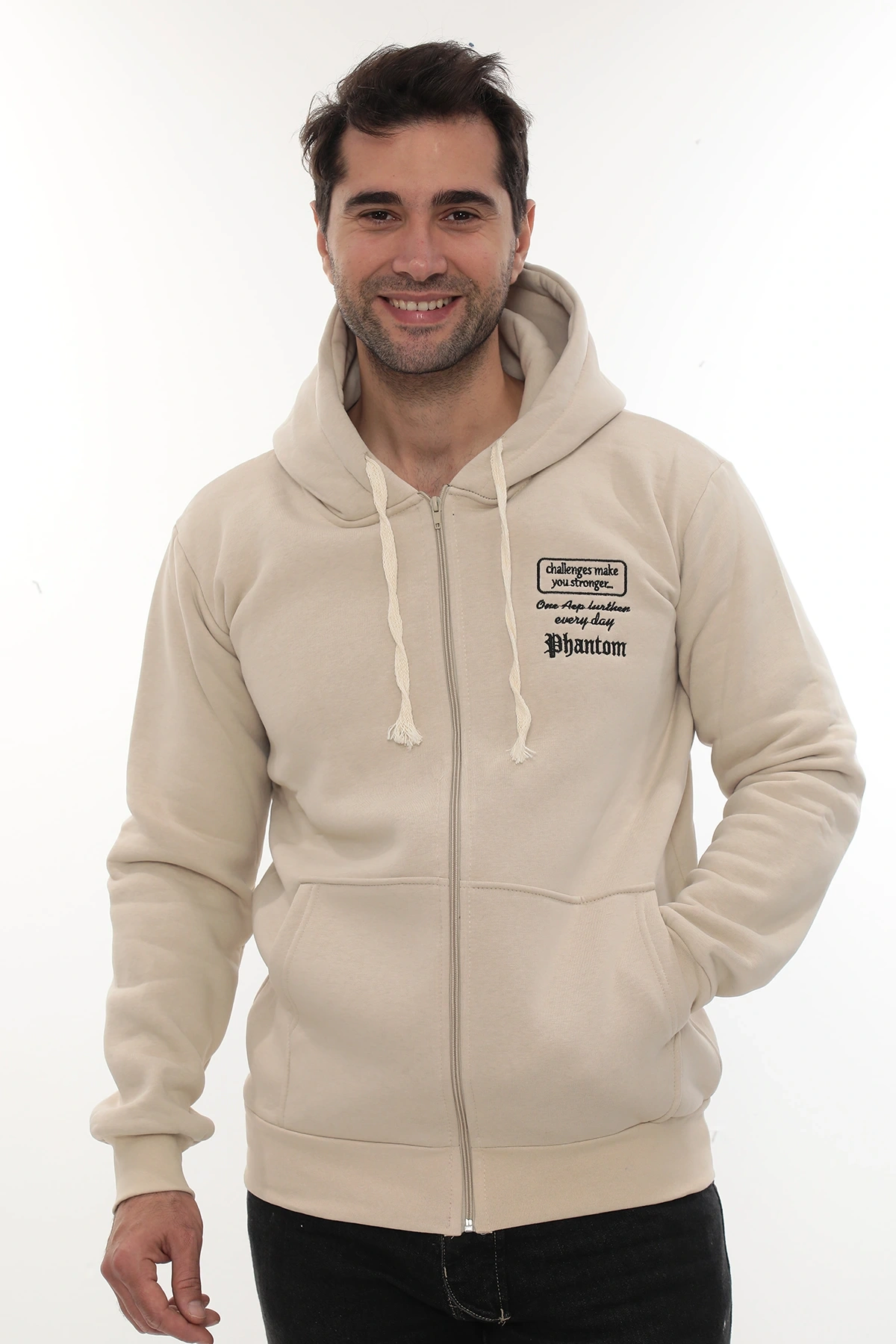 Erkek Bej Standart Fit Normal Kesim Içi Polarlı Tam Fermuarlı Kapüşonlu Pamuklu Sweatshirt