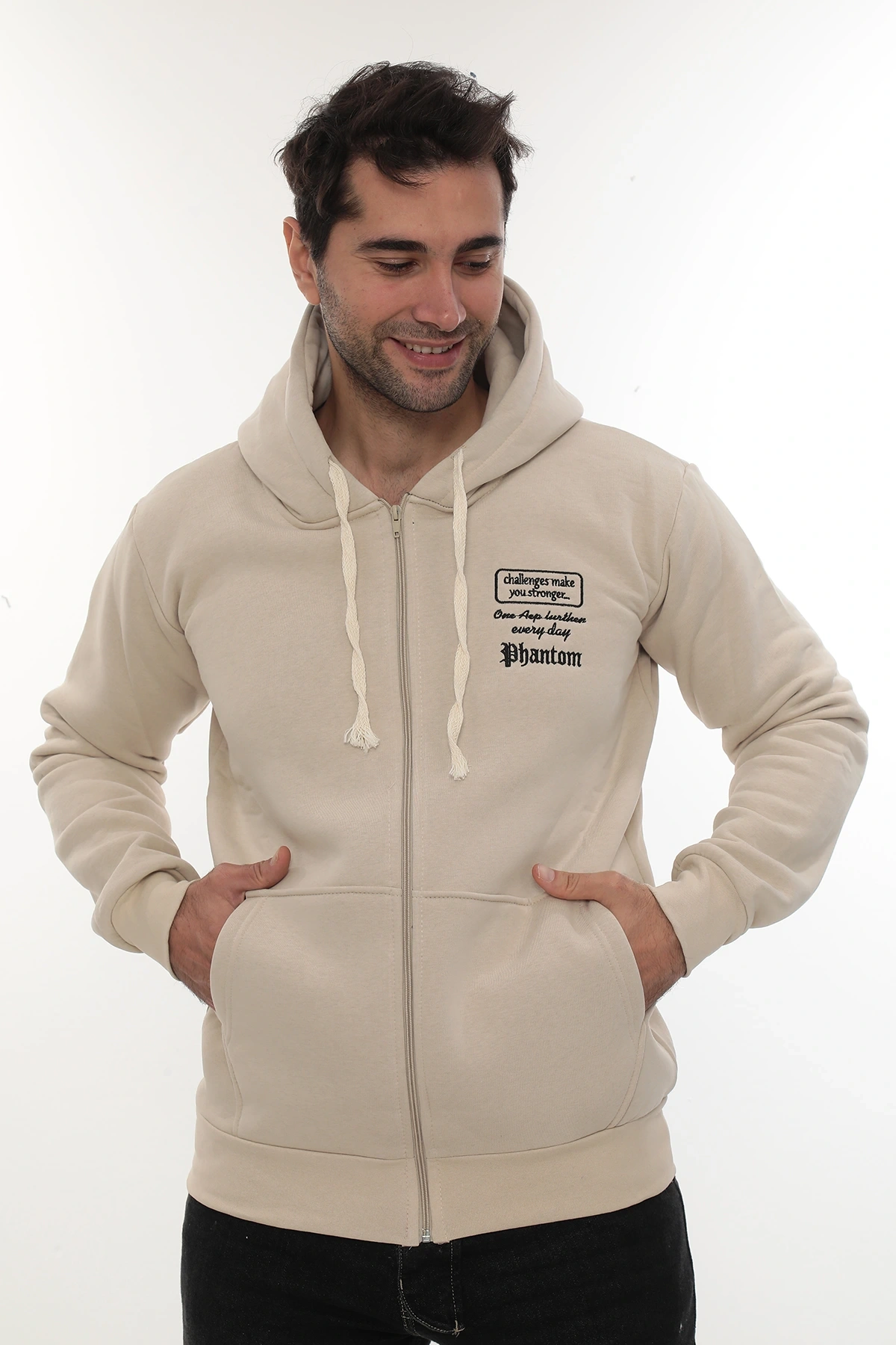 Erkek Bej Standart Fit Normal Kesim Içi Polarlı Tam Fermuarlı Kapüşonlu Pamuklu Sweatshirt