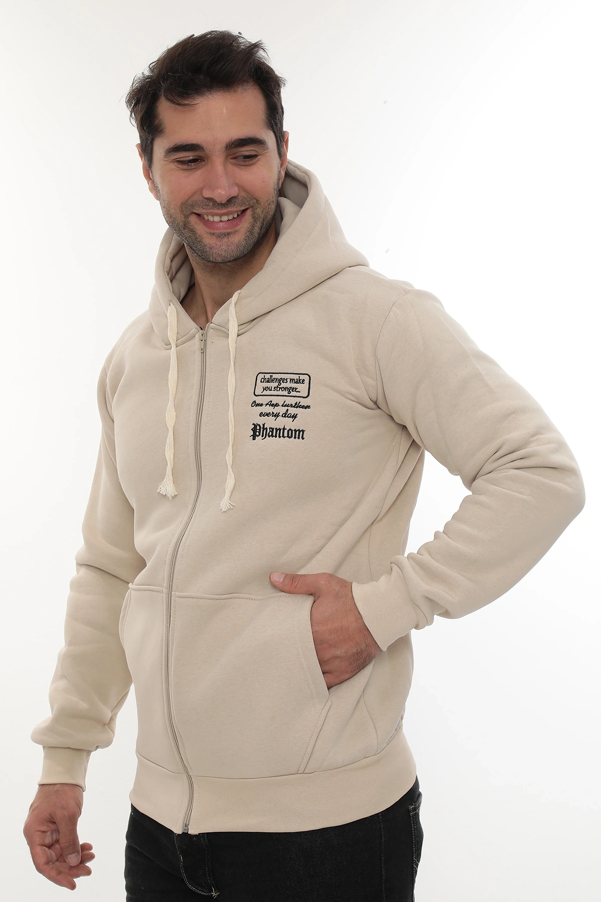 Erkek Bej Standart Fit Normal Kesim Içi Polarlı Tam Fermuarlı Kapüşonlu Pamuklu Sweatshirt