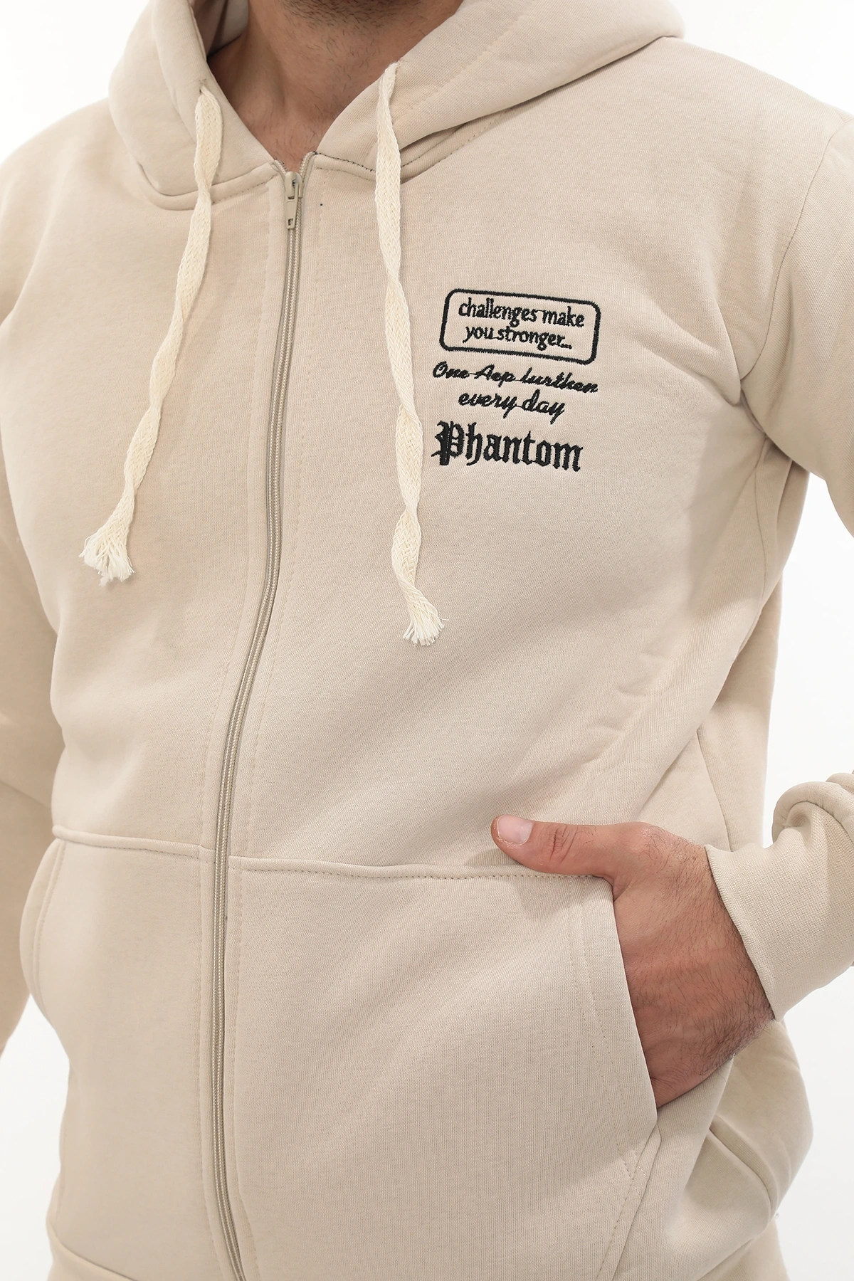 Erkek Bej Standart Fit Normal Kesim Içi Polarlı Tam Fermuarlı Kapüşonlu Pamuklu Sweatshirt