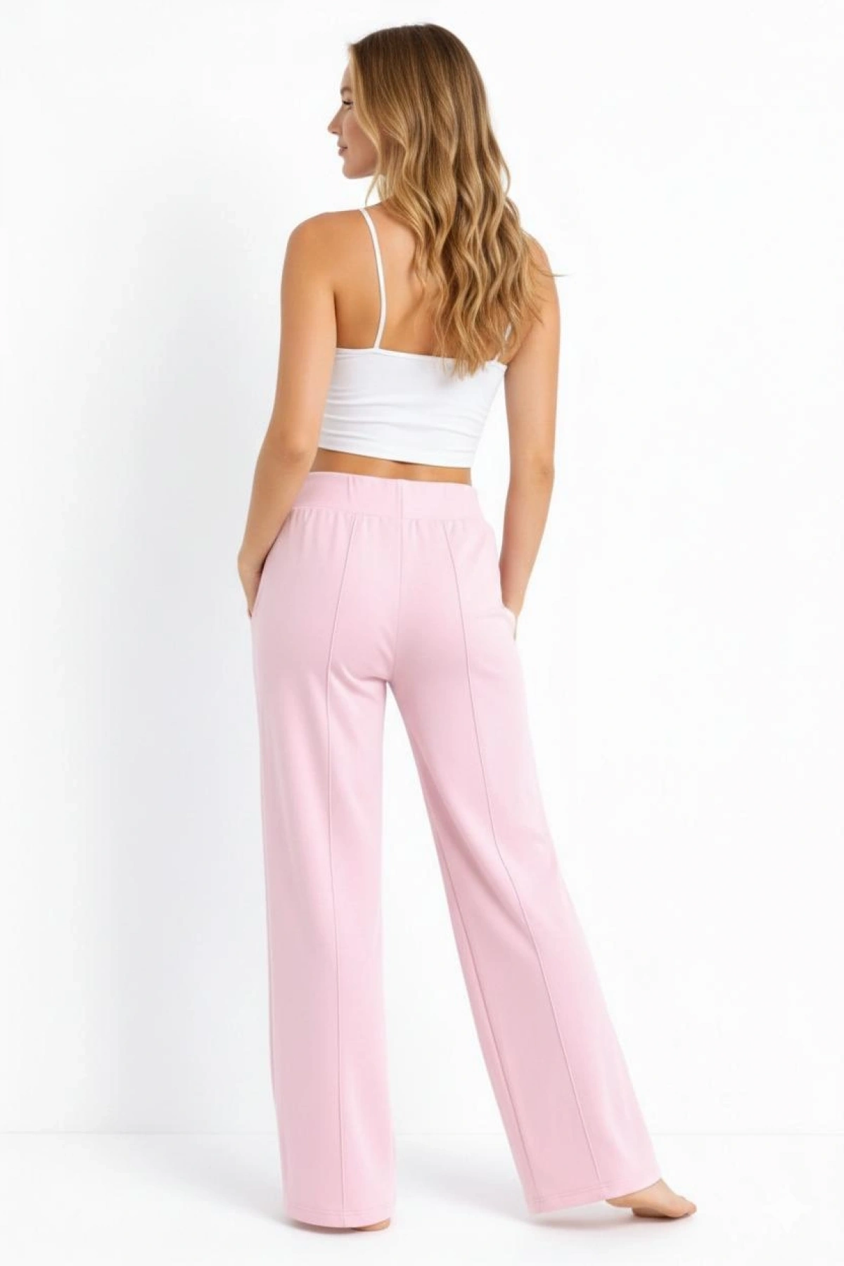 Kadın Pembe Modal Bol Paça Çımalı Yüksek Bel Yumuşak Dokulu Beli Lastikli Likralı Pantolon