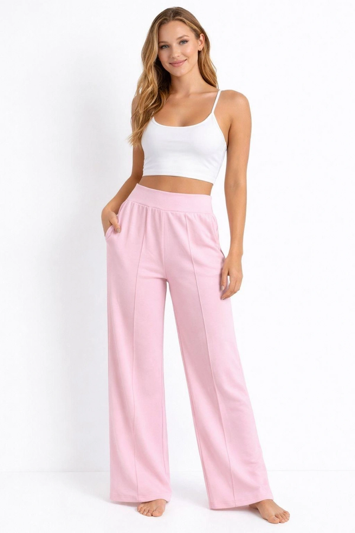 Kadın Pembe Modal Bol Paça Çımalı Yüksek Bel Yumuşak Dokulu Beli Lastikli Likralı Pantolon