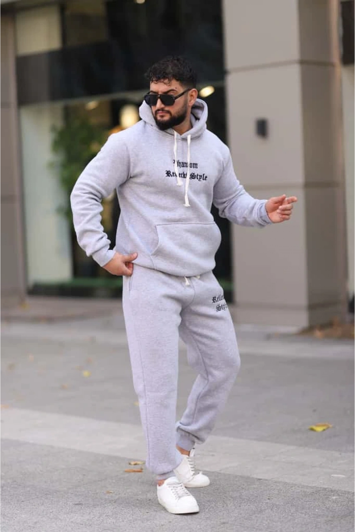 Açık Gri Şık İçi Polarlı Erkek Eşofman Takımı Paça Lastikli Cepli Kapüşonlu Nakış Detaylı Compact Takım