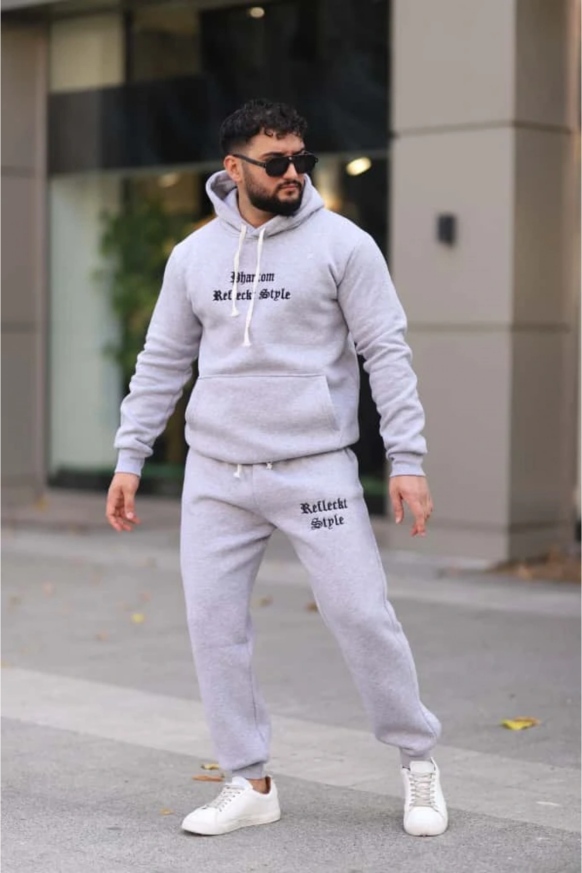 Açık Gri Şık İçi Polarlı Erkek Eşofman Takımı Paça Lastikli Cepli Kapüşonlu Nakış Detaylı Compact Takım