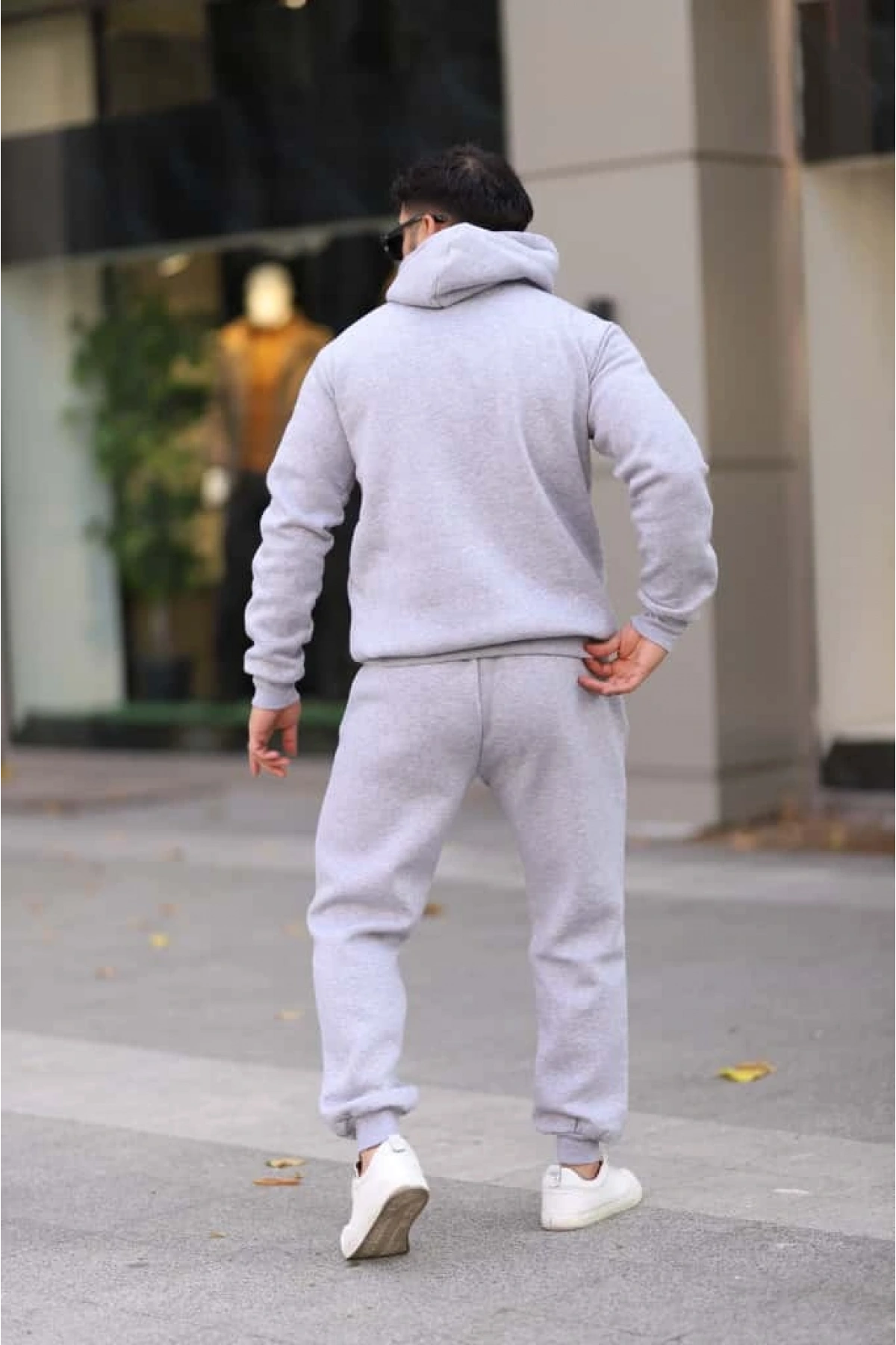 Açık Gri Şık İçi Polarlı Erkek Eşofman Takımı Paça Lastikli Cepli Kapüşonlu Nakış Detaylı Compact Takım