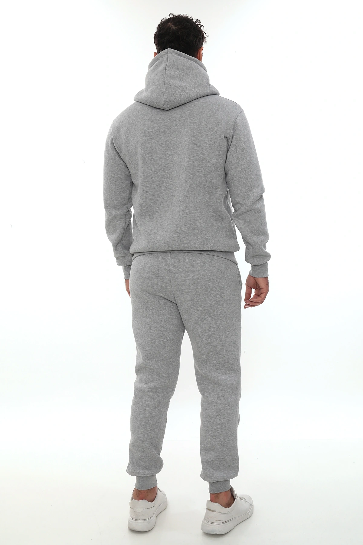 Açık Gri Şık İçi Polarlı Erkek Eşofman Takımı Paça Lastikli Cepli Kapüşonlu Nakış Detaylı Compact Takım