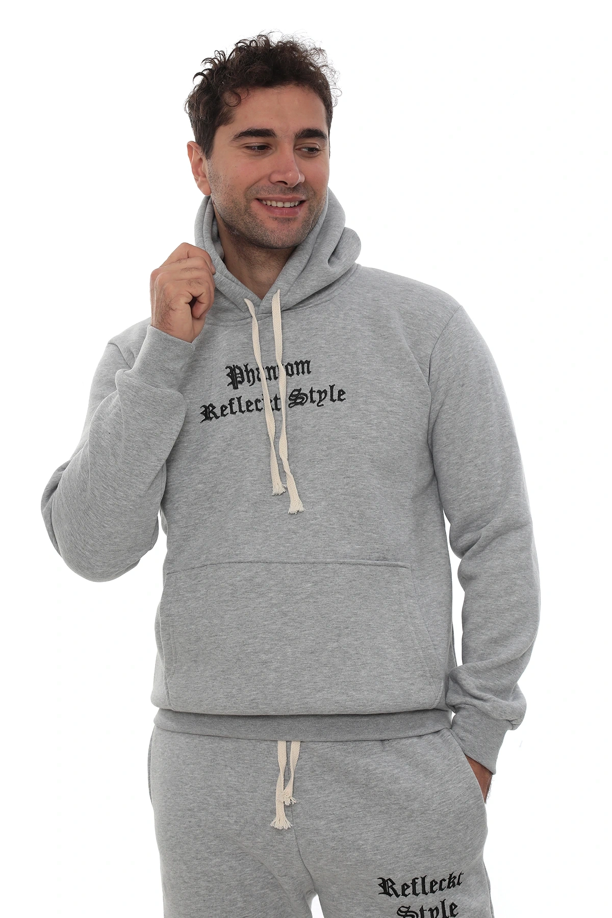 Açık Gri Şık İçi Polarlı Erkek Eşofman Takımı Paça Lastikli Cepli Kapüşonlu Nakış Detaylı Compact Takım