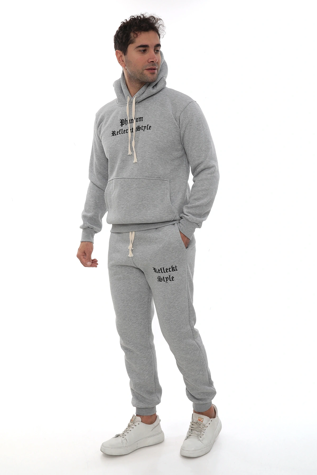 Açık Gri Şık İçi Polarlı Erkek Eşofman Takımı Paça Lastikli Cepli Kapüşonlu Nakış Detaylı Compact Takım