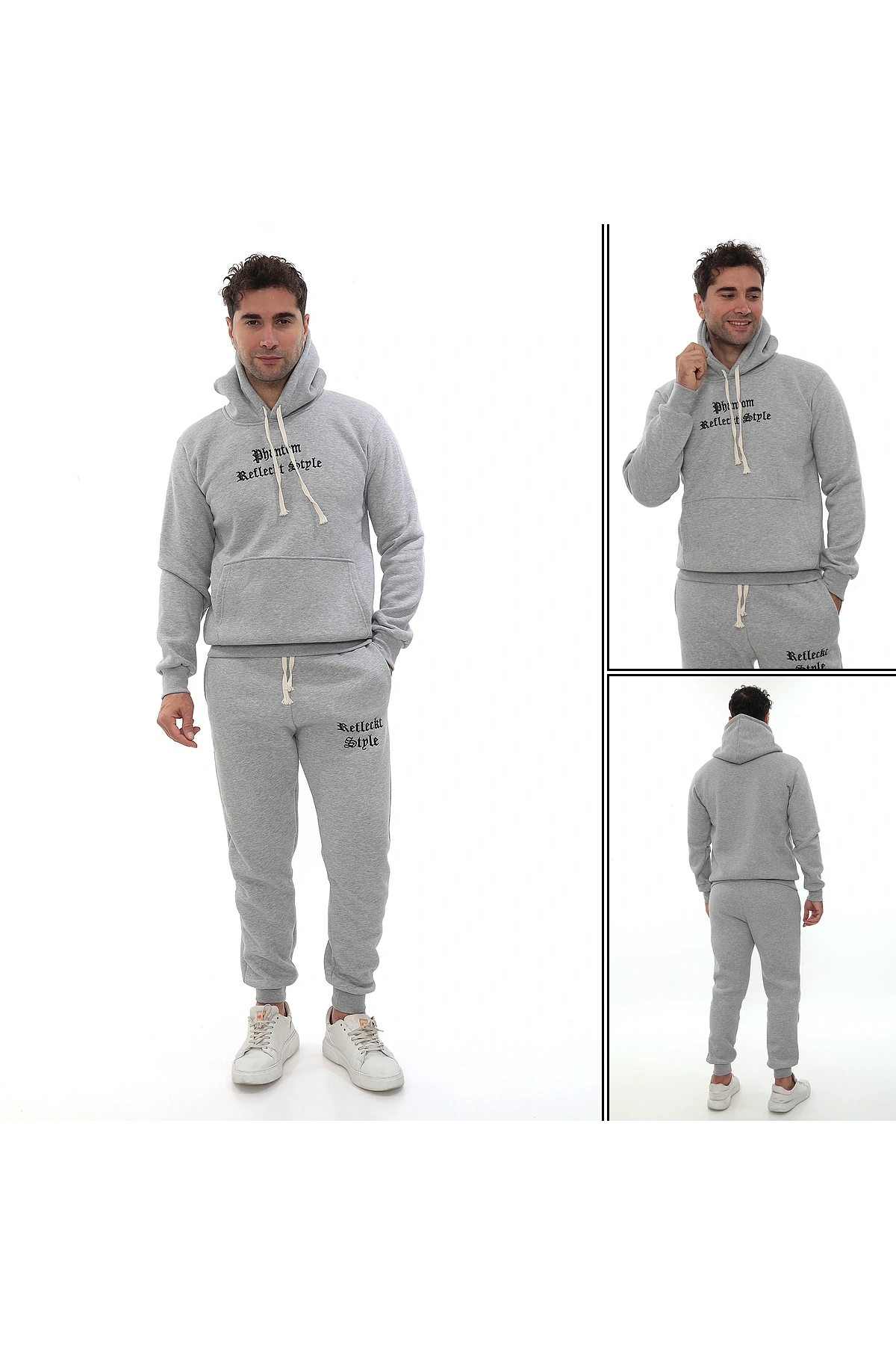 Açık Gri Şık İçi Polarlı Erkek Eşofman Takımı Paça Lastikli Cepli Kapüşonlu Nakış Detaylı Compact Takım