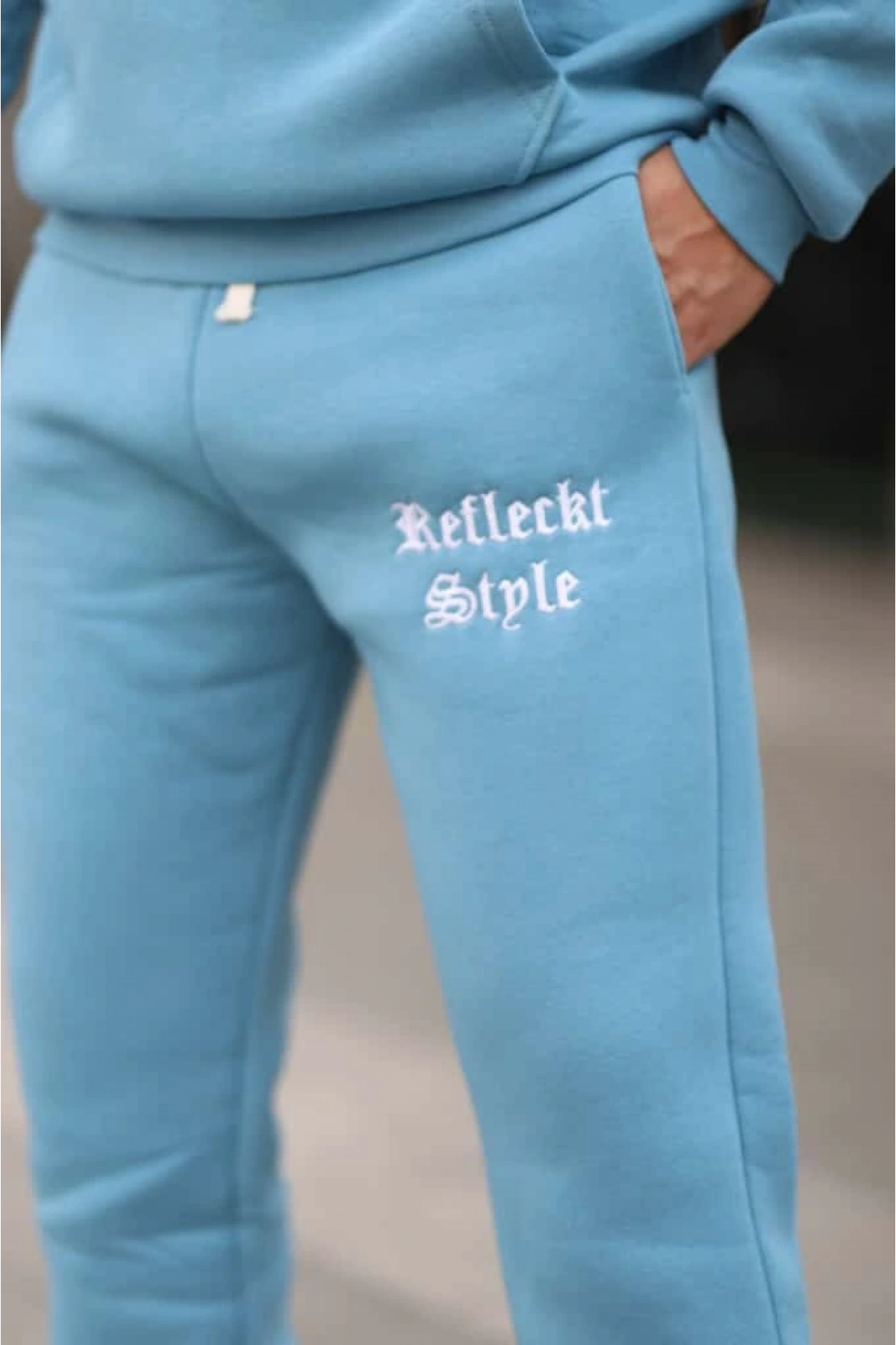 Açık Mavi Turkuaz İçi Polarlı Erkek Eşofman Takımı Paça Lastikli Cepli Kapüşonlu Nakış Detaylı Compact Takım