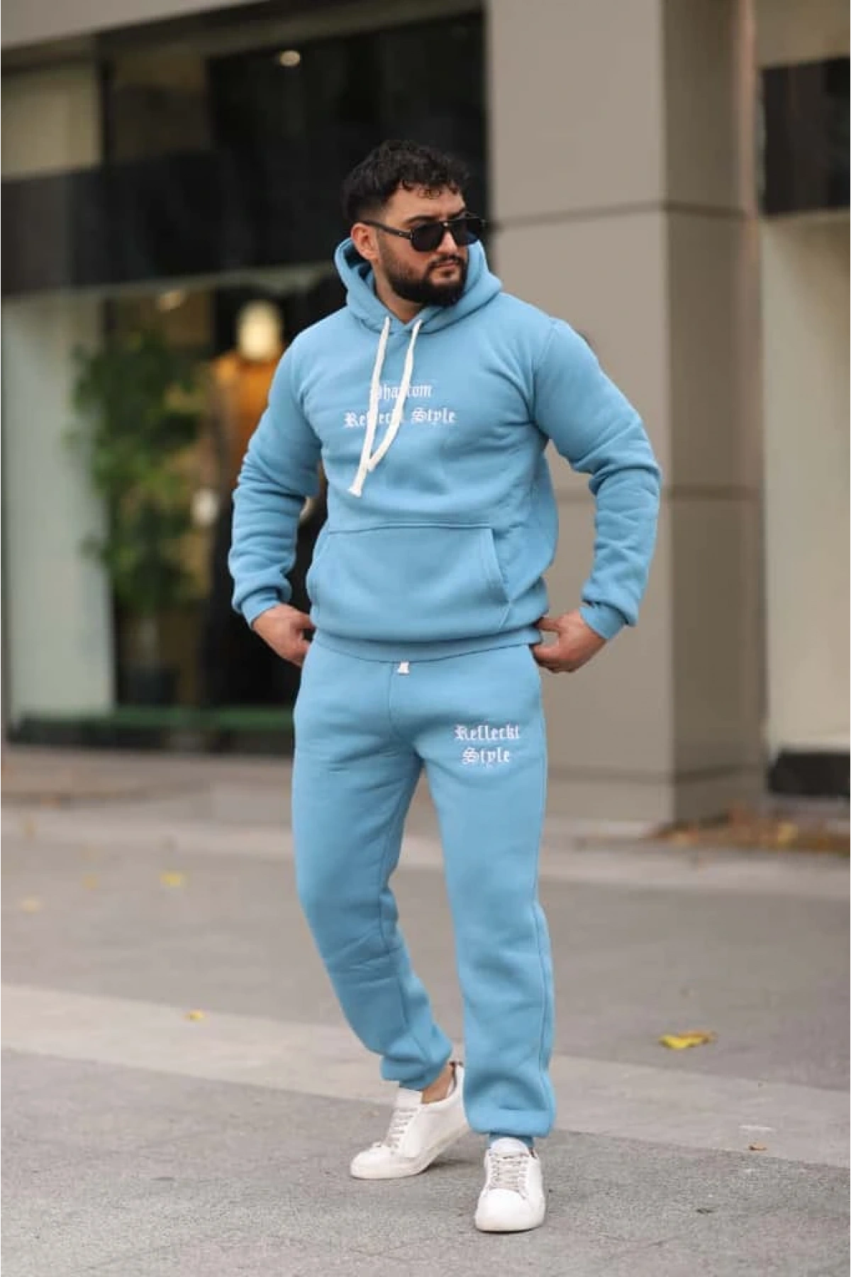 Açık Mavi Turkuaz İçi Polarlı Erkek Eşofman Takımı Paça Lastikli Cepli Kapüşonlu Nakış Detaylı Compact Takım