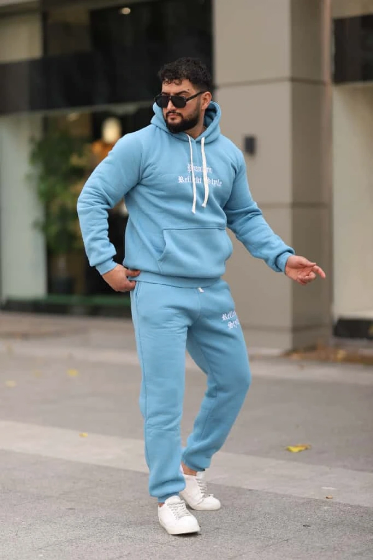 Açık Mavi Turkuaz İçi Polarlı Erkek Eşofman Takımı Paça Lastikli Cepli Kapüşonlu Nakış Detaylı Compact Takım