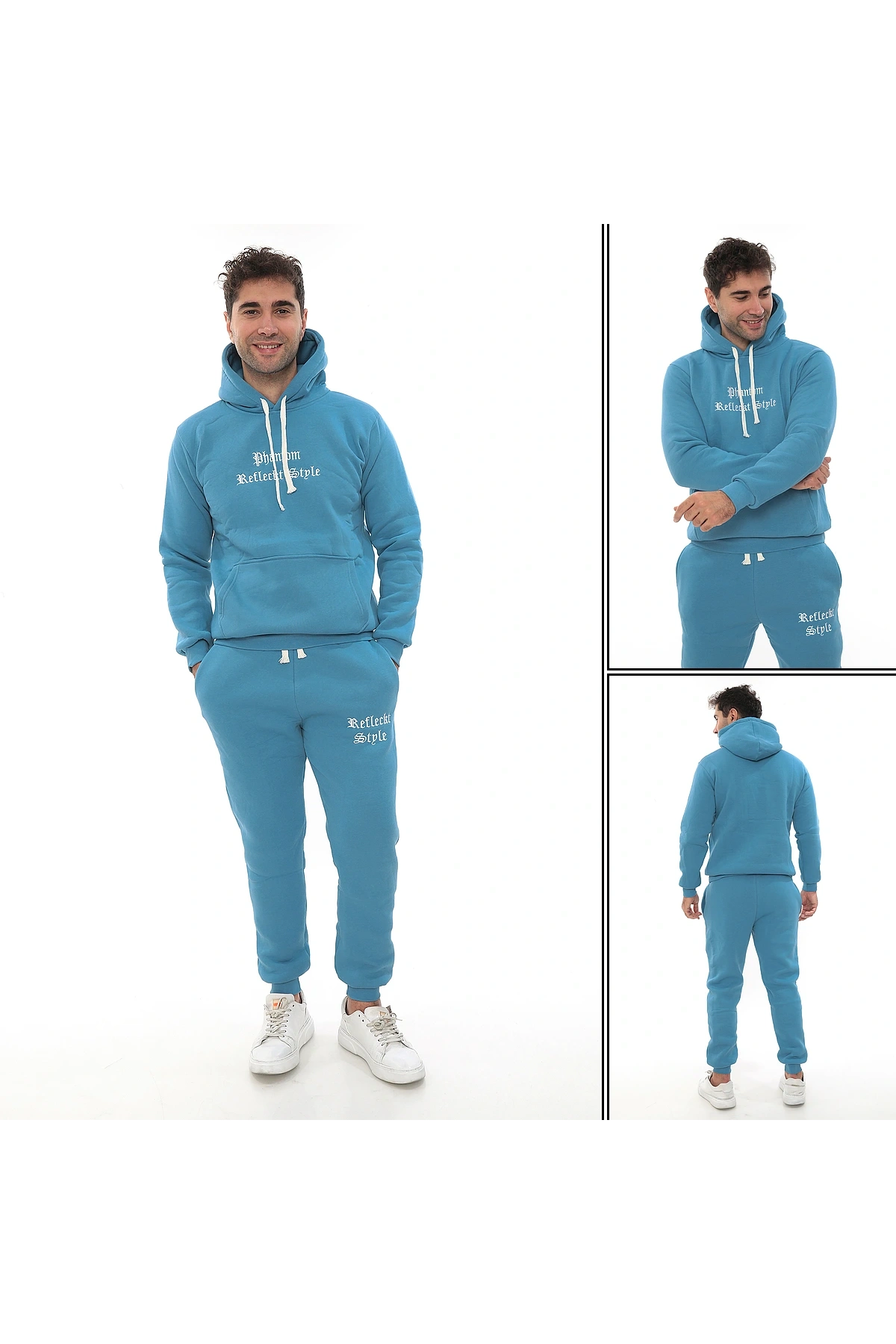 Açık Mavi Turkuaz İçi Polarlı Erkek Eşofman Takımı Paça Lastikli Cepli Kapüşonlu Nakış Detaylı Compact Takım