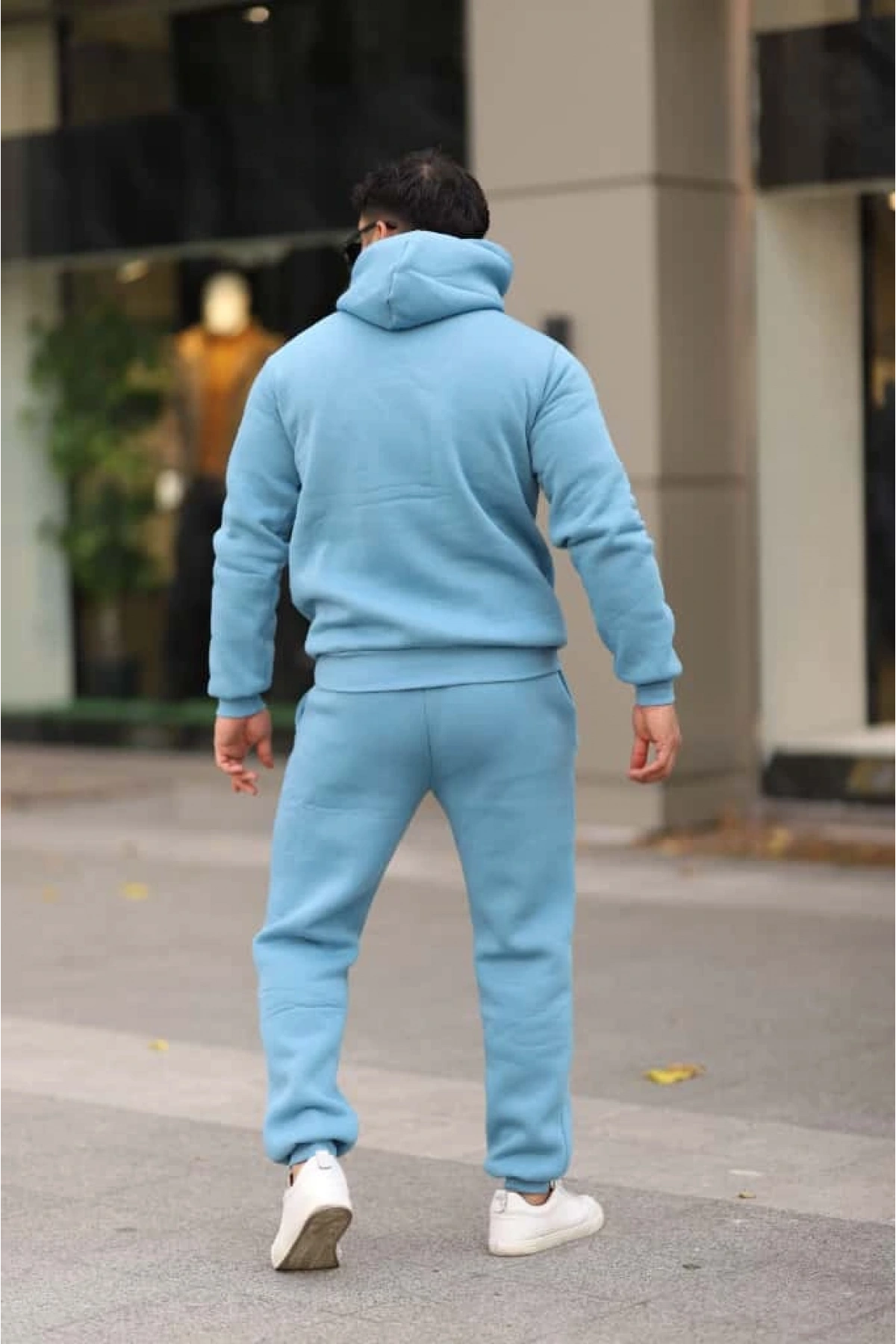 Açık Mavi Turkuaz İçi Polarlı Erkek Eşofman Takımı Paça Lastikli Cepli Kapüşonlu Nakış Detaylı Compact Takım