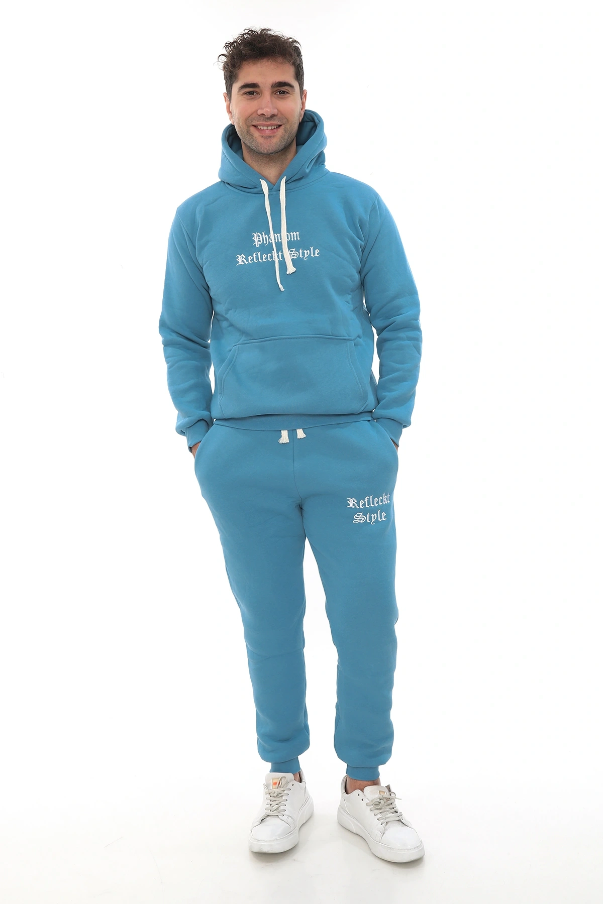 Açık Mavi Turkuaz İçi Polarlı Erkek Eşofman Takımı Paça Lastikli Cepli Kapüşonlu Nakış Detaylı Compact Takım