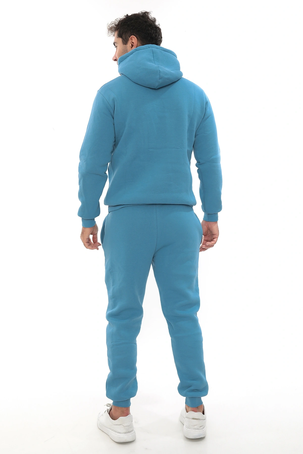 Açık Mavi Turkuaz İçi Polarlı Erkek Eşofman Takımı Paça Lastikli Cepli Kapüşonlu Nakış Detaylı Compact Takım