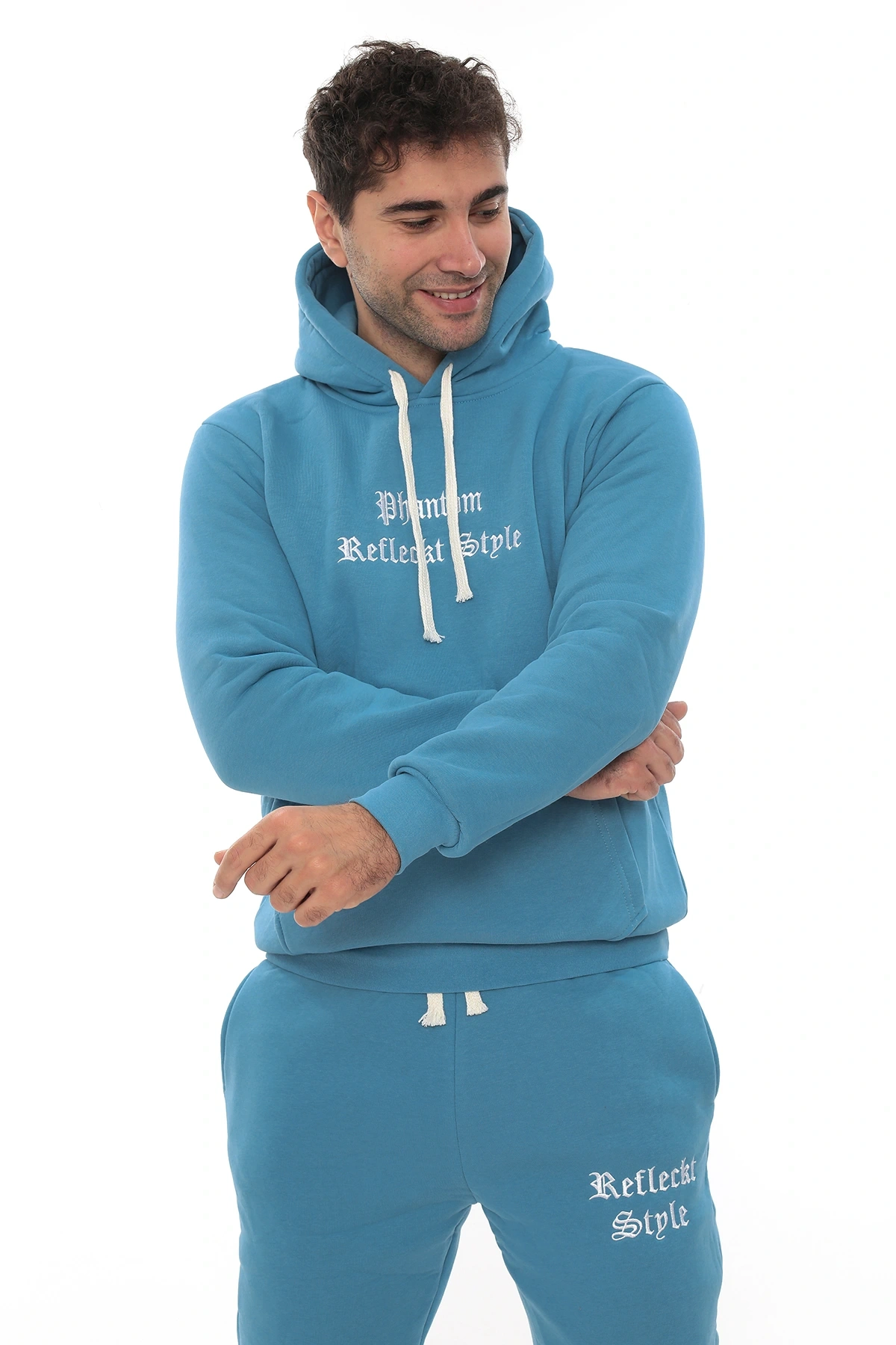 Açık Mavi Turkuaz İçi Polarlı Erkek Eşofman Takımı Paça Lastikli Cepli Kapüşonlu Nakış Detaylı Compact Takım